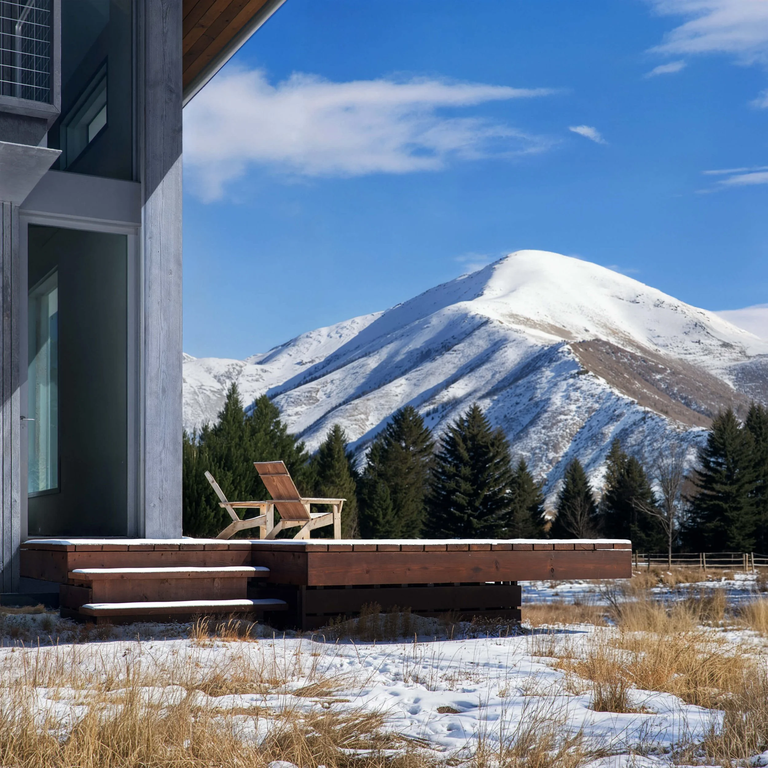 Deck at Big Wood River Ranch framing a snow-covered mountain beyond