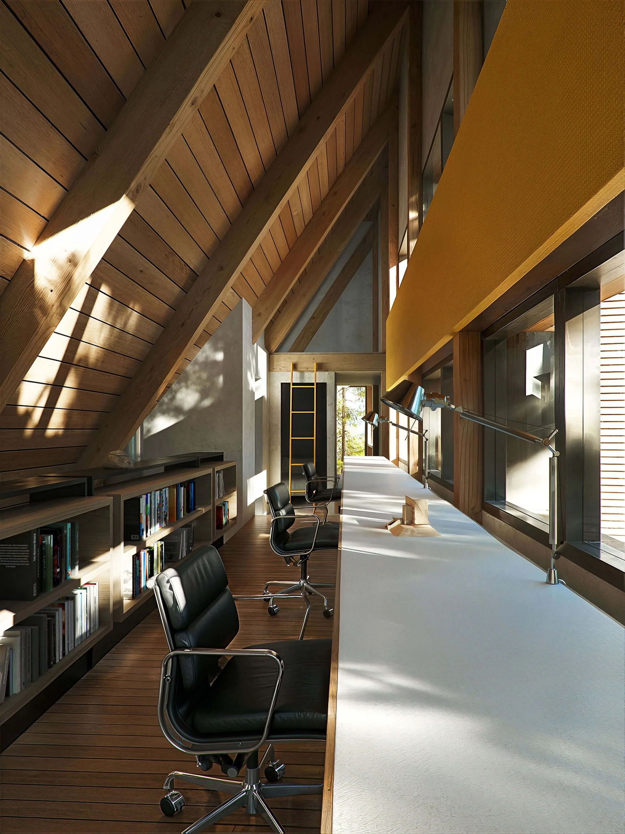 Mezzanine office and sleeping loft tucked beneath the steep timber roof of the Italic A house
