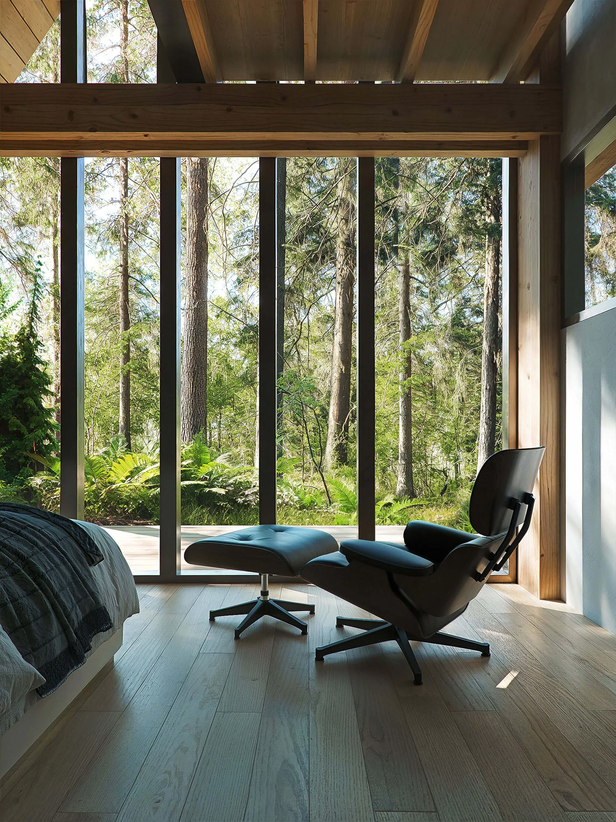 Bedroom at the Italic A house opening directly to the surrounding Douglas fir forest