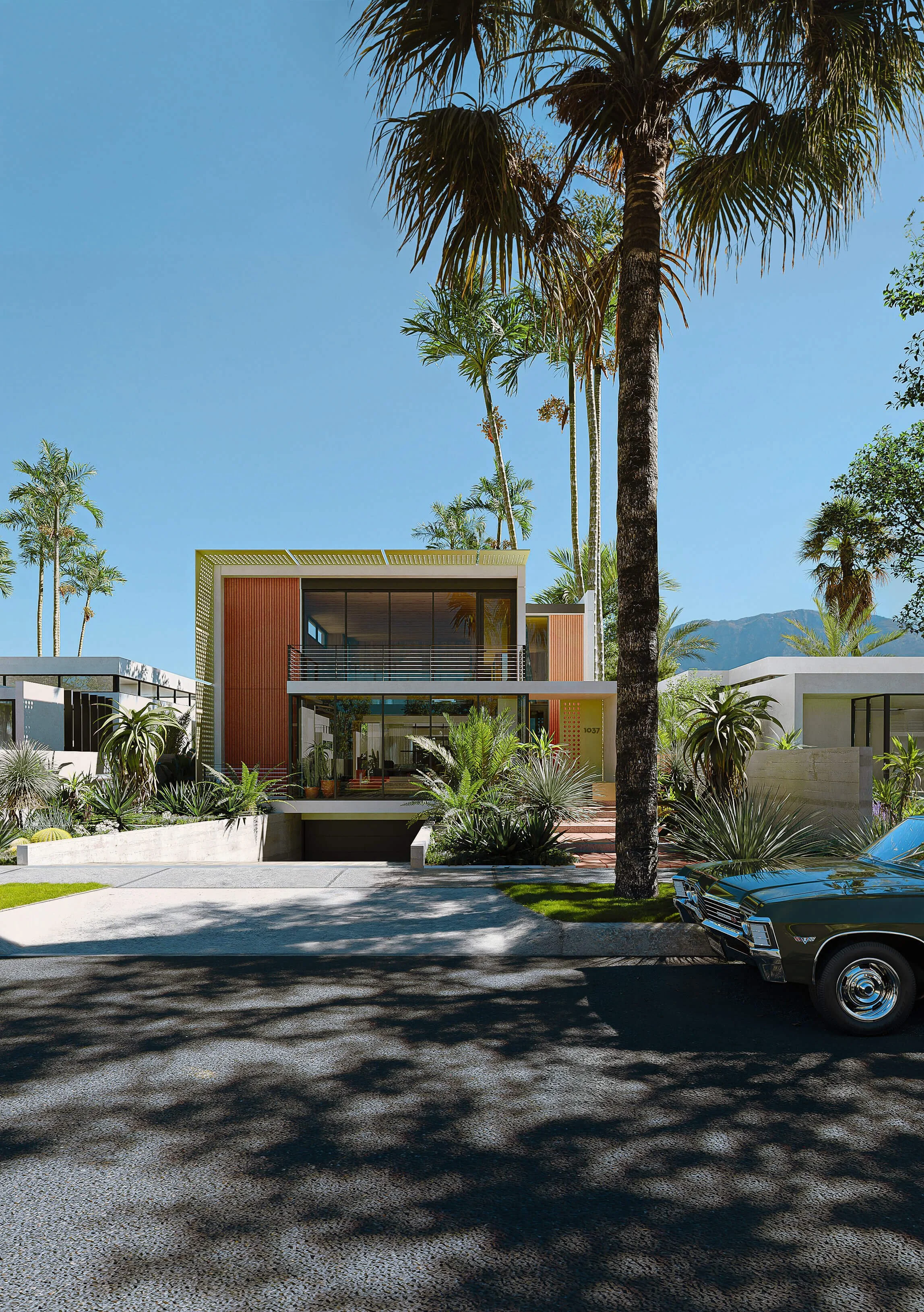 Street view of Dappled House, a courtyard residence in the Alphabet Streets of Pacific Palisades