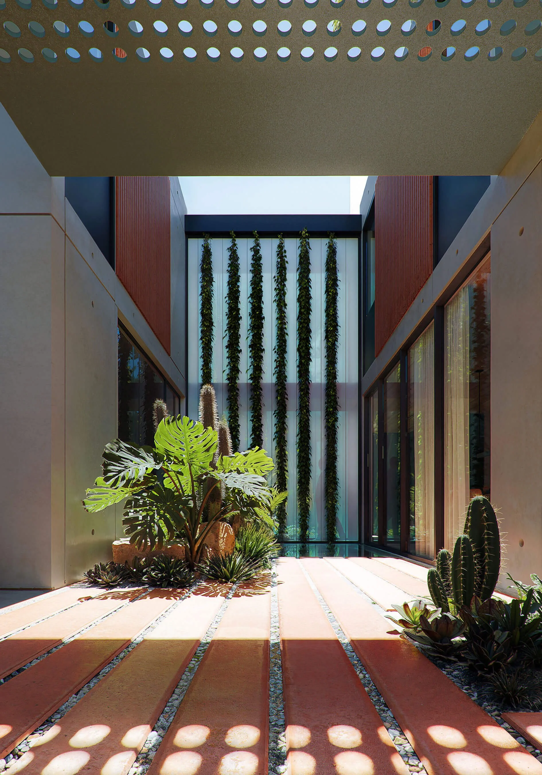 Perforated metal canopy casting circular patterns of dappled light across an interior courtyard