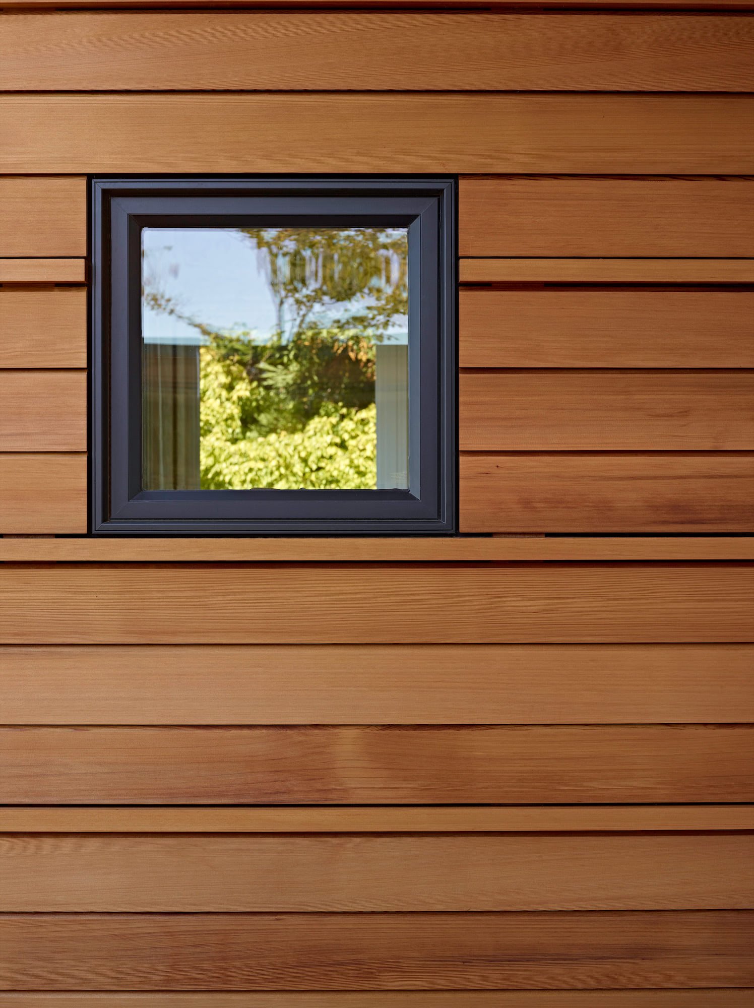 Cedar siding and deeply framed square window at Butterfly House