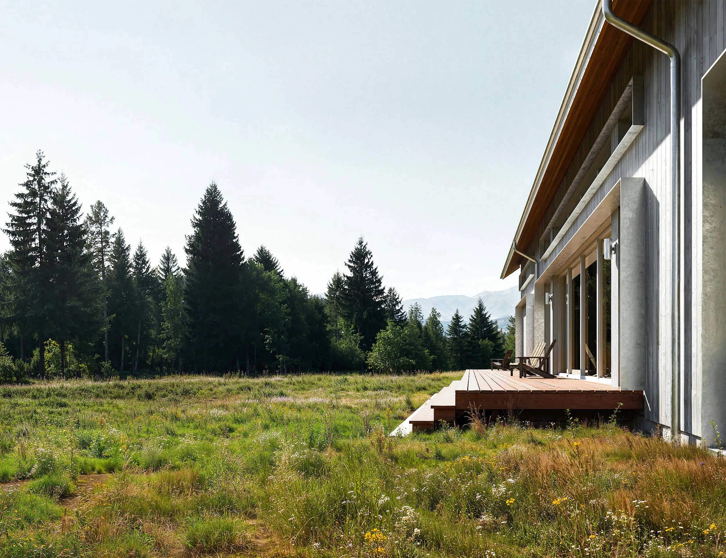 Wood deck extending from Big Wood River Ranch into the native meadow