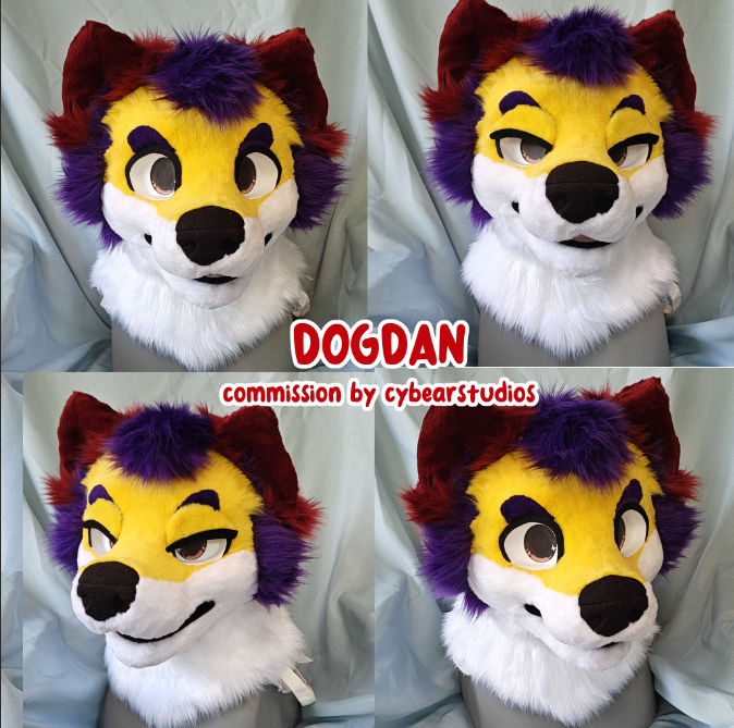 Collage of four images of a colorful anthropomorphic fox mascot head with purple, red, yellow, and white fur, showing different facial expressions, against a light background. Text overlay reads "DOGDAN" and "commission by cybeastudios."