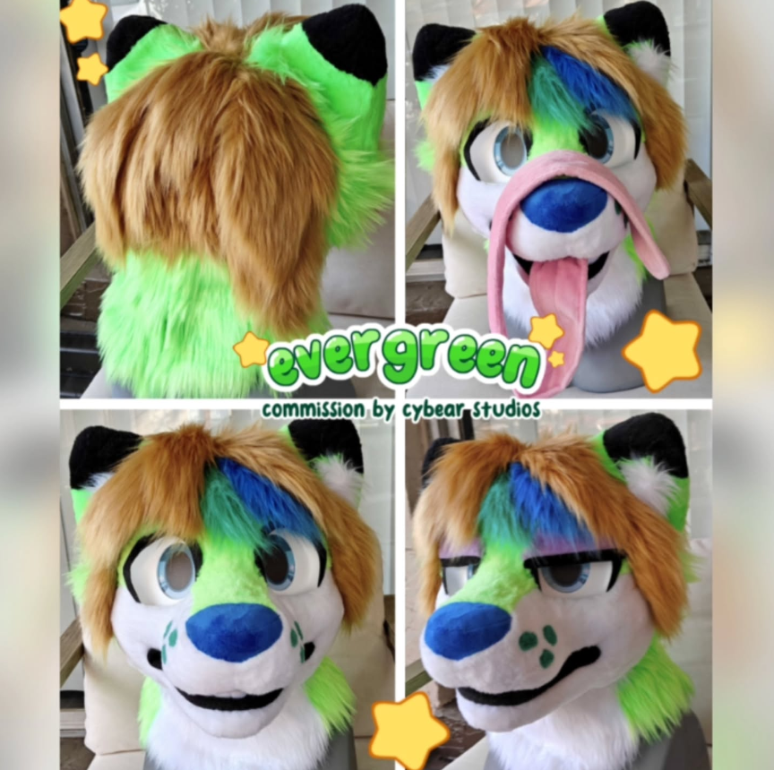 Furry costume of a bright green and brown dog with rainbow-colored hair and black-tipped ears, shown from behind and front in different playful expressions.