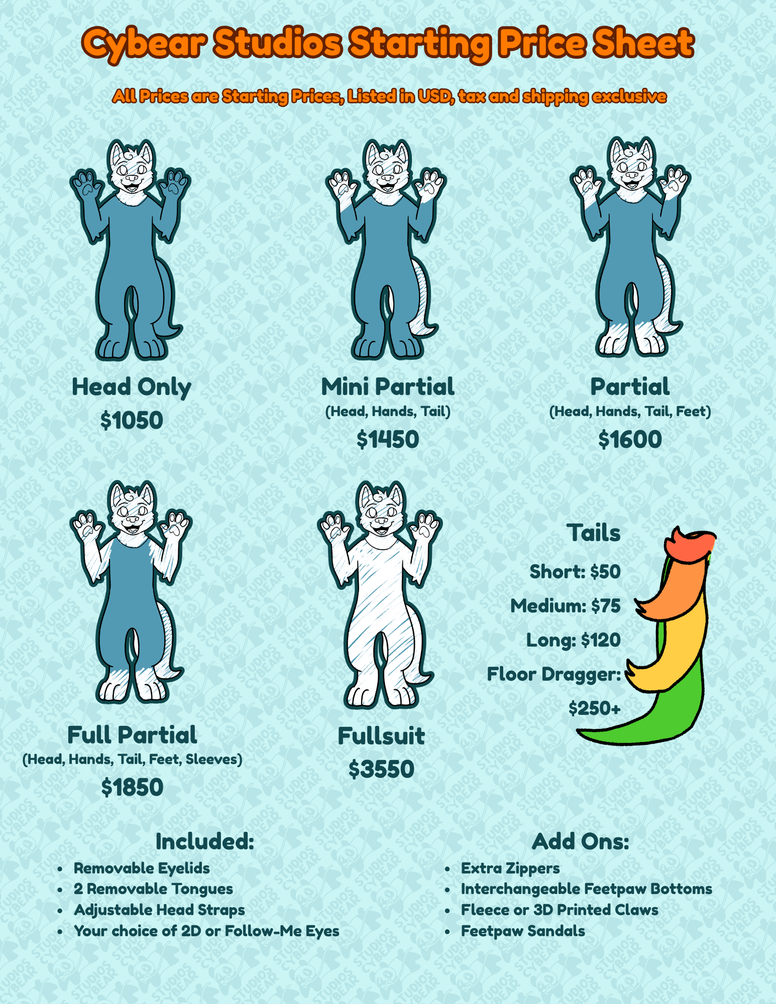 A price sheet for Cyberar Studios with options for costumes including Head Only, Mini Partial, Partial, Full Partial, and Fullsuit, each with different prices. There are also additional options for tails and other accessories, and a background pattern of small character illustrations.