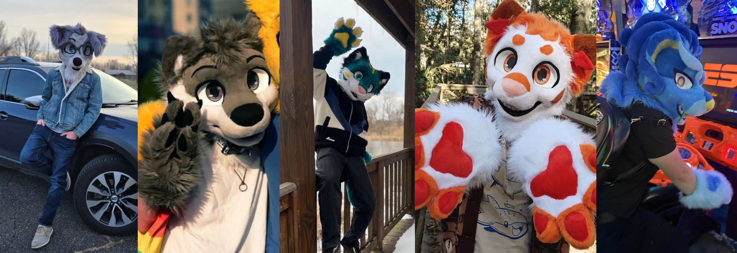 Six individuals dressed in colorful animal mascot costumes, including a wolf, lion, cat, and tiger, in various outdoor and indoor settings.