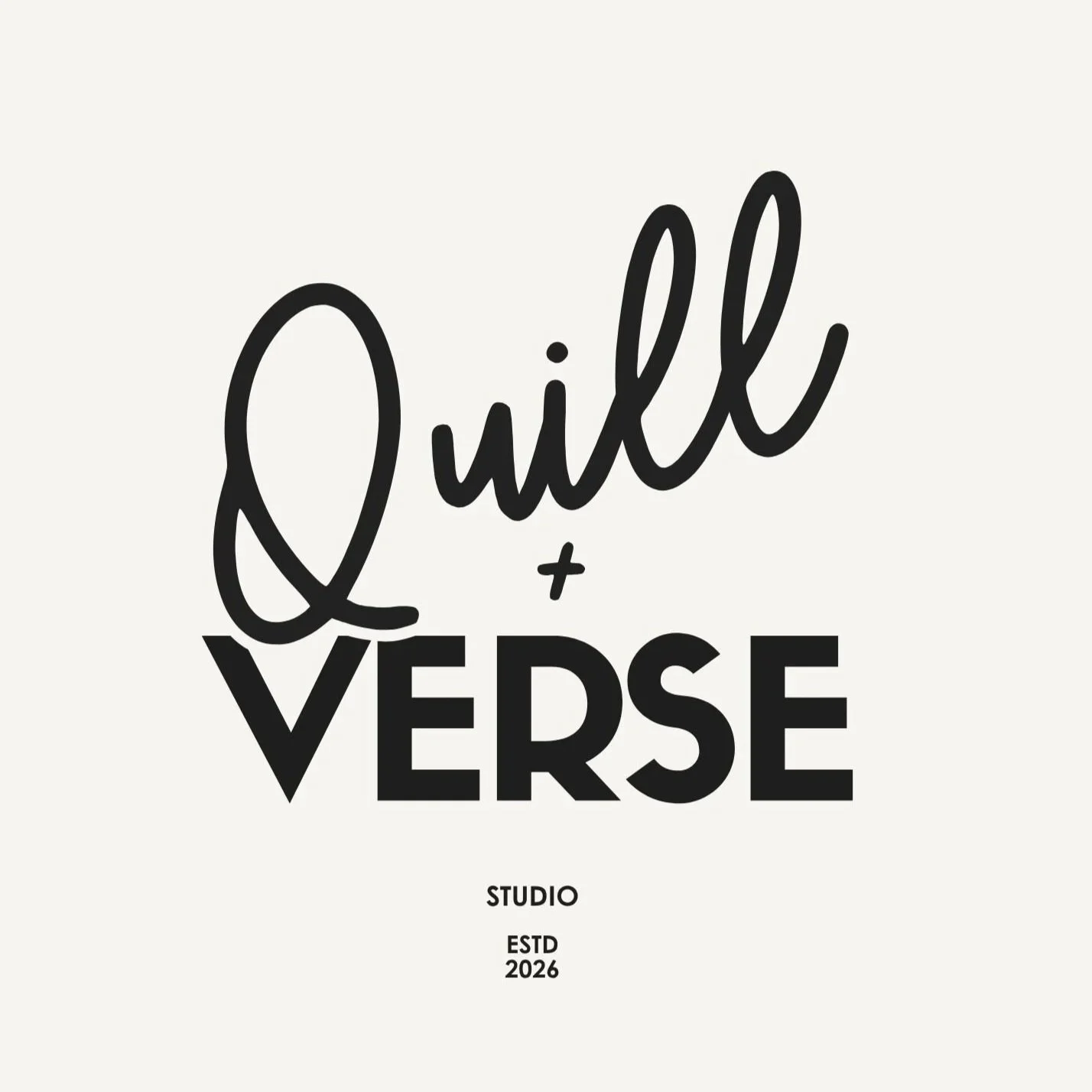 Stylized text that reads 'Quilk + VERSE' in black on a white background. Below, smaller text states 'STUDIO ESTD 2026'.