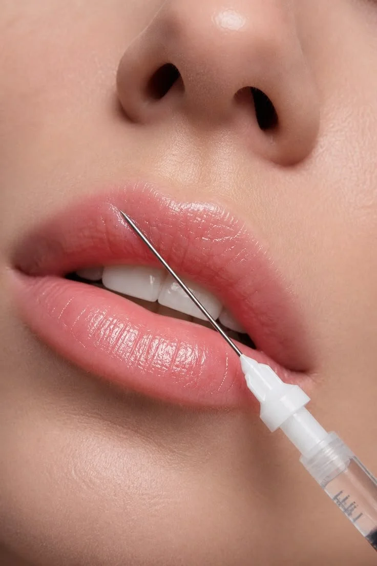 Close-up of a person's lips being injected with cosmetic filler using a syringe.