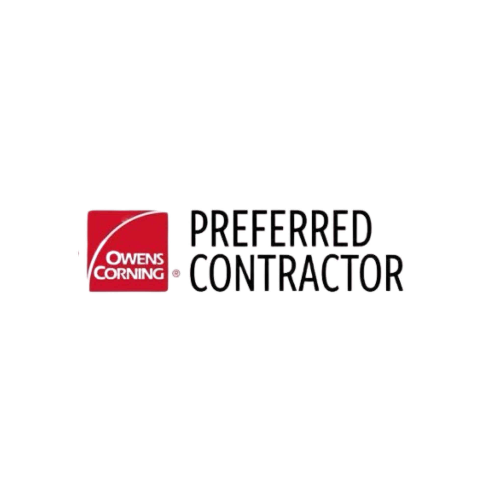 Logo of Owens Corning Preferred Contractor with a red square containing a white curved line and the text 'Preferred Contractor' in black.