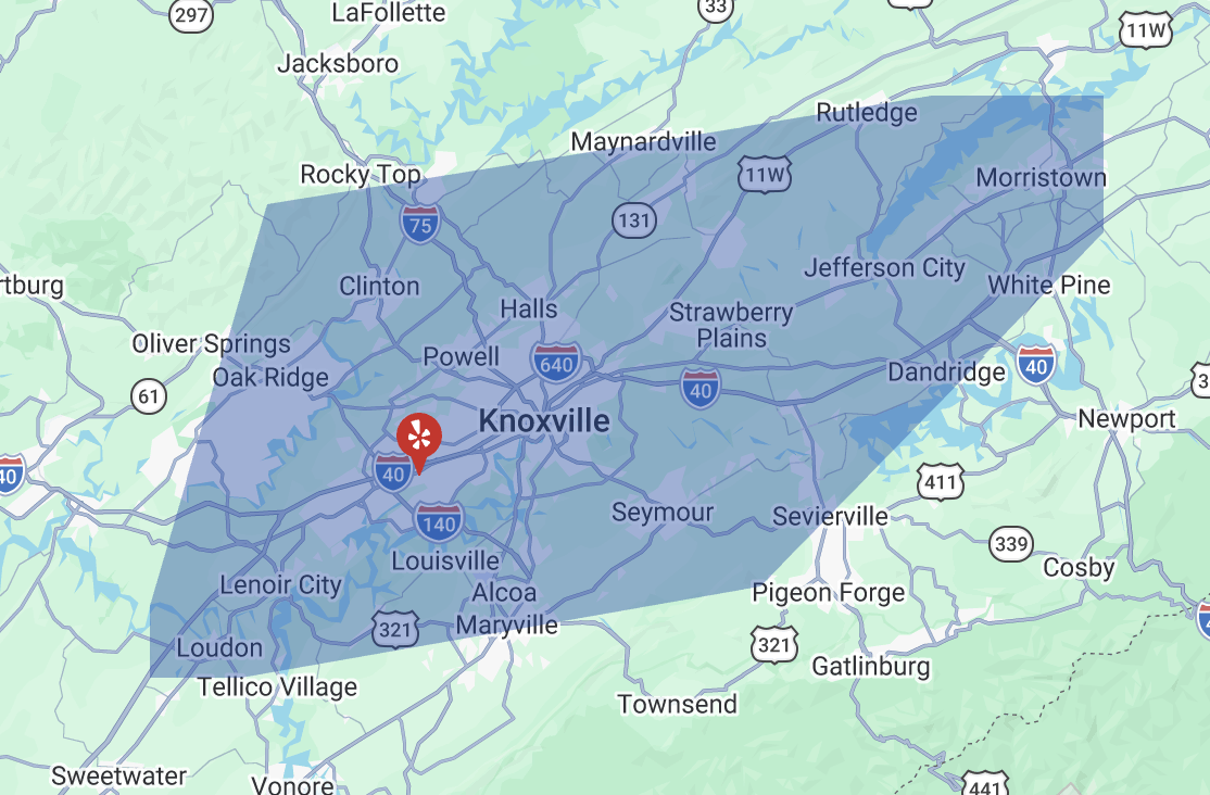 Map of Knoxville, Tennessee, and surrounding areas, with a shaded region indicating service coverage and a red icon marking a point of interest.
