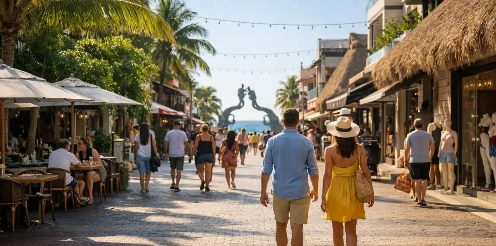 Personas caminando por la 5a avenida y una calle peatonal en Playa del Carmen, con tiendas y restaurantes a ambos lados y palmeras, y la escultura de las sirenas del parque fundadores.