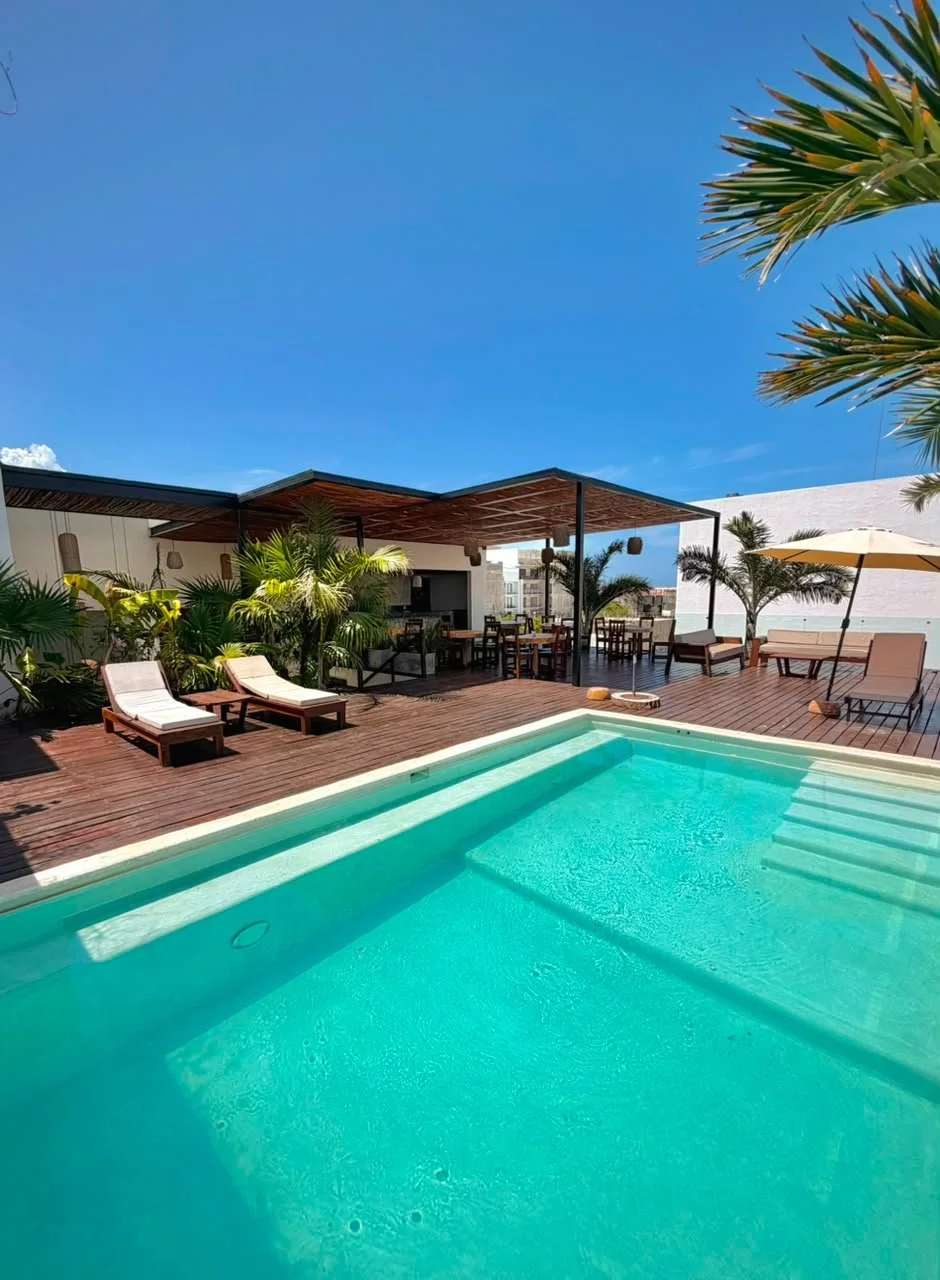 Piscina en una terraza con tumbonas, sombrilla y área de comedor, rodeada de plantas y palmeras, con cielo azul.