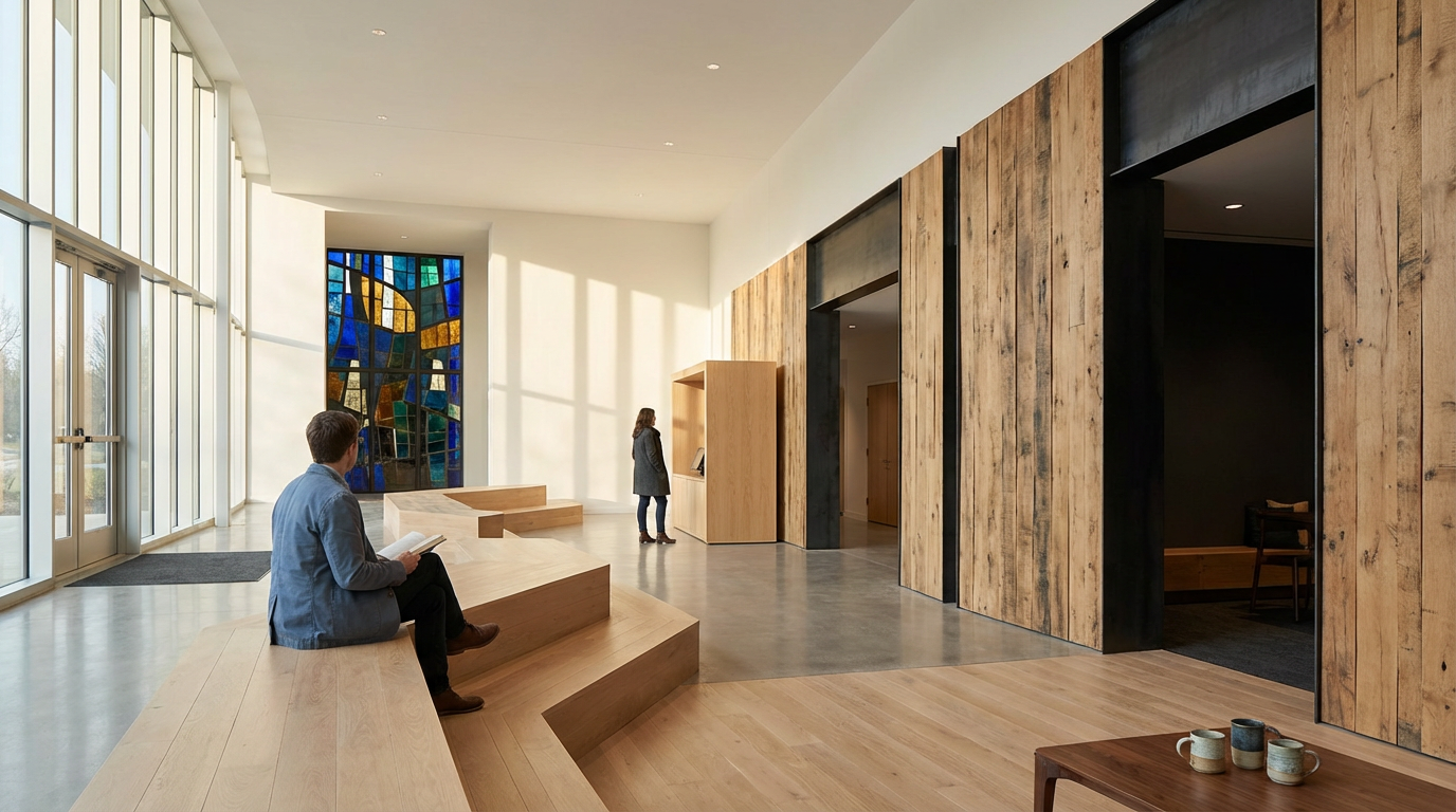 Modern lobby with large windows, wooden seating, abstract stained glass art, and two women, one seated reading, the other standing near a wooden display.