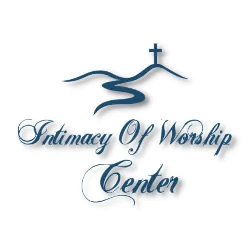 Logo featuring a cross on a hill, a winding path leading to it, with text reading 'Intimacy Of Worship Center' in elegant font.