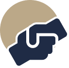 A stylized illustration of a fist, with a beige circle background.