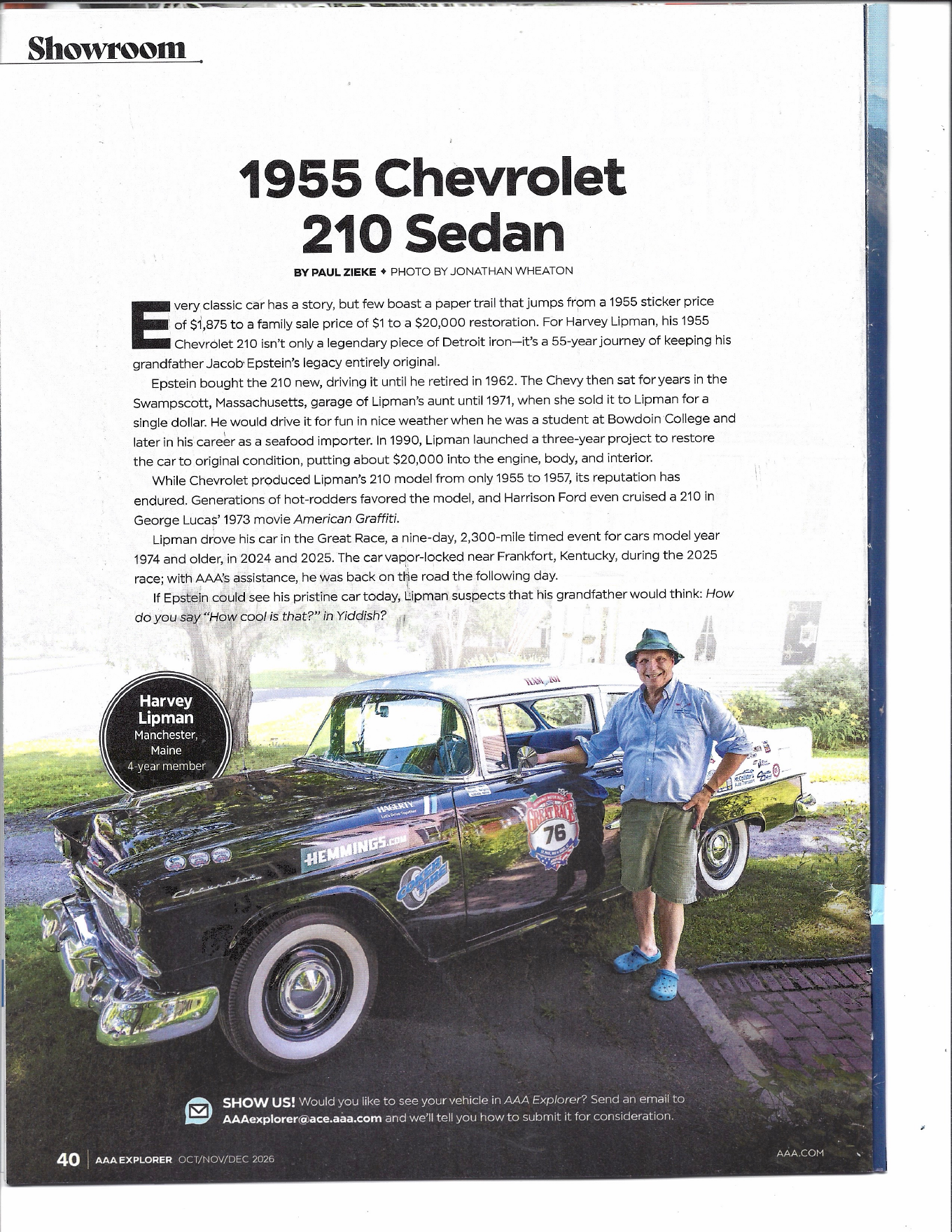AAA Explorer feature about Harvey Lipman's 1955 Chevrolet 210 Sedan