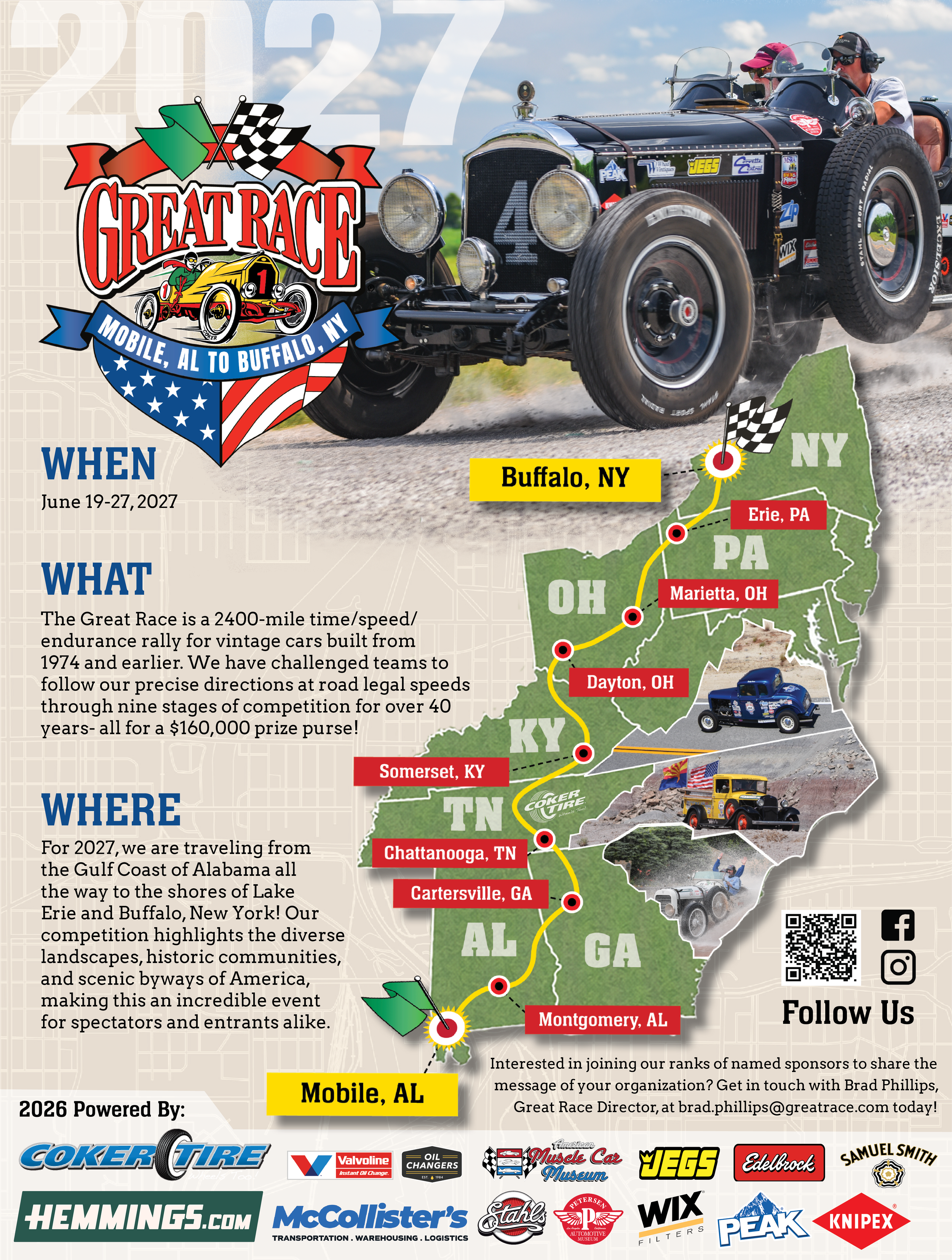 2027 Great Race route from Mobile Alabama to Buffalo New York