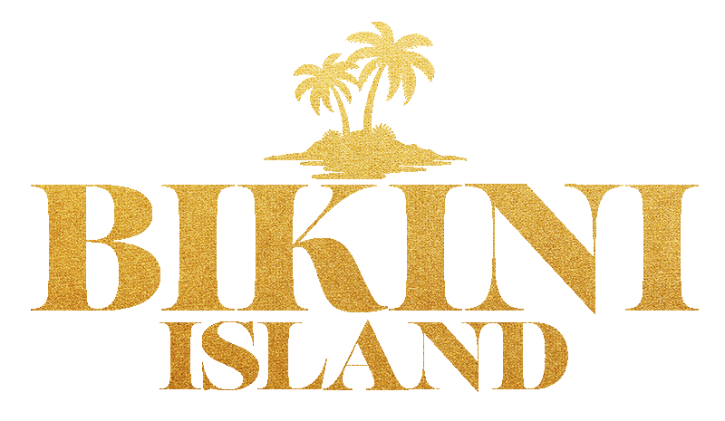 Gold-colored logo with a small island and palm trees above the words "BIKINI ISLAND" in large capital letters.