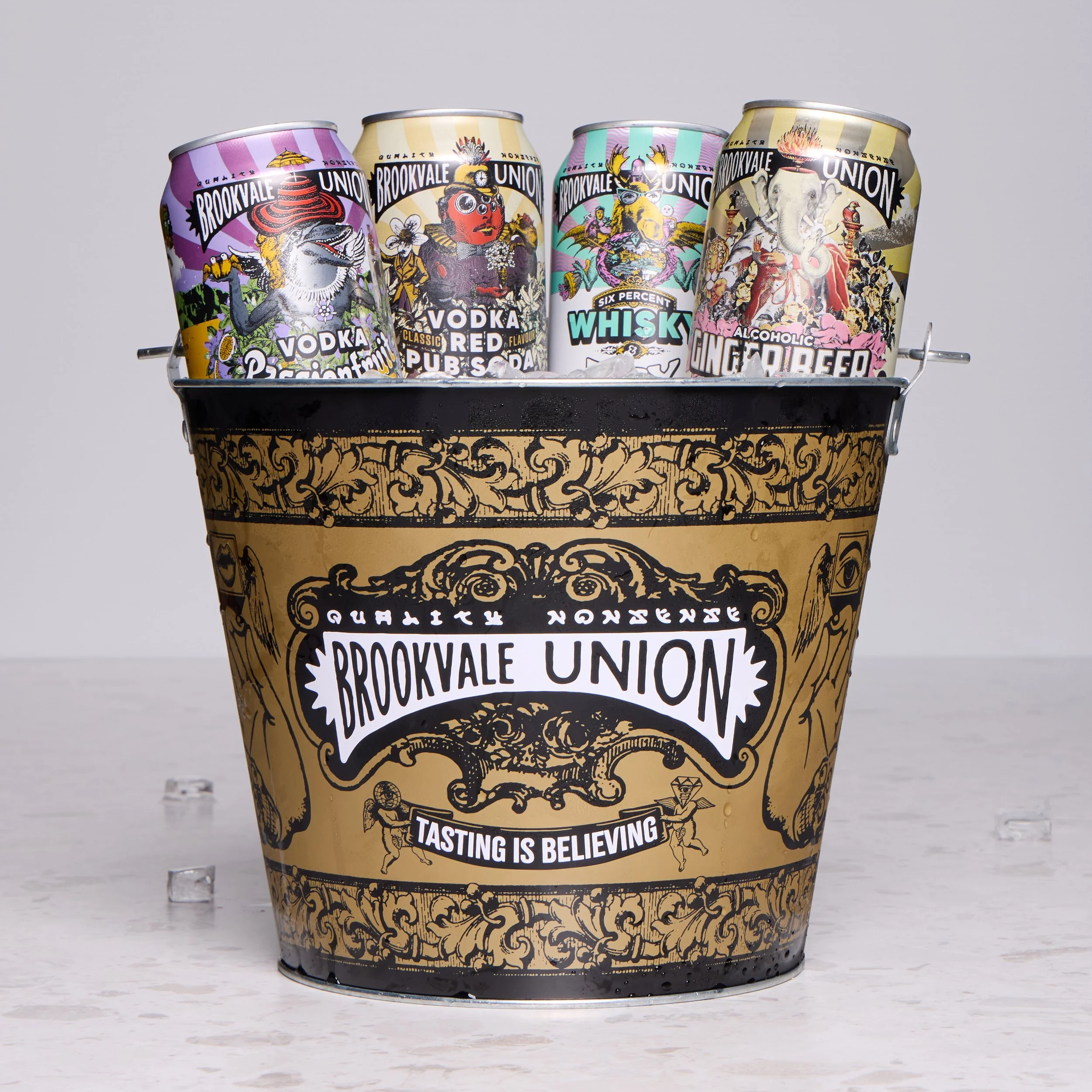 Brookvale Union beverage cans photographed on ice by G Studios for commercial product content