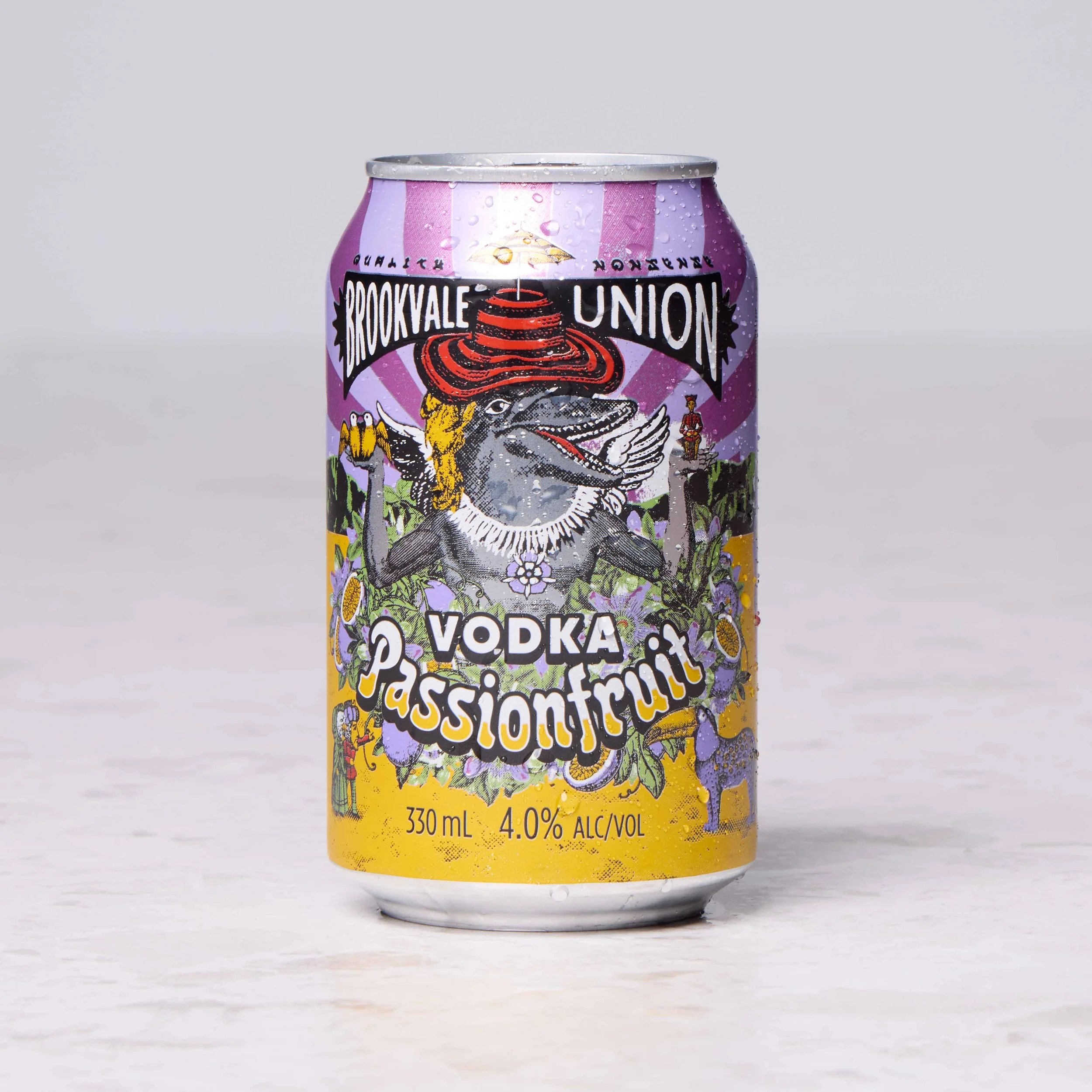 Brookvale Union beverage can photographed by G Studios with water droplets for commercial product photography