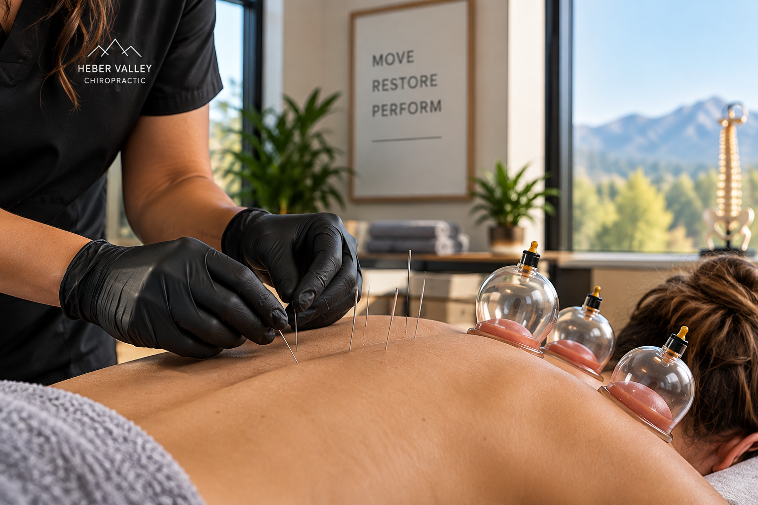 A chiropractor or acupuncturist inserting acupuncture needles into a person's back in a chiropractic or acupuncture clinic, with a window showing mountains in the background.