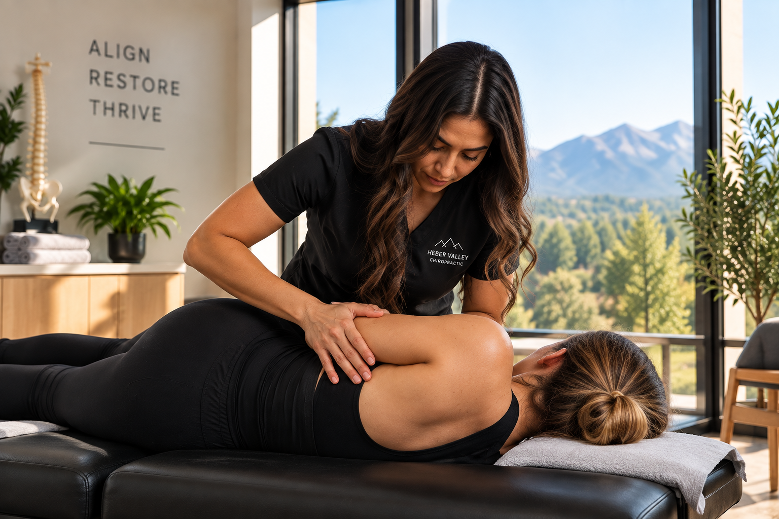 Chiropractic care session with a chiropractor adjusting a patient's shoulder in a bright, scenic clinic.
