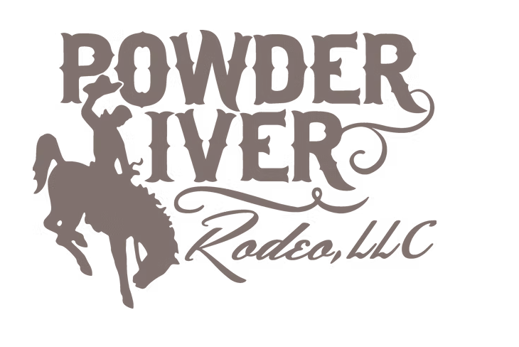 Logo for Powder River Rodeo LLC featuring a silhouette of a cowgirl riding a bucking horse and Western-style text.