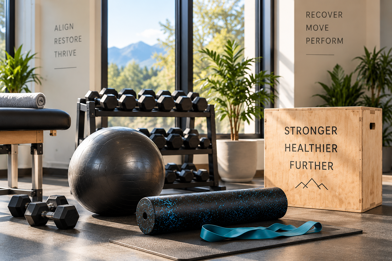 Workout space with dumbbells, stability ball, foam roller, resistance band, and a massage table; motivational posters on the wall and large windows revealing mountains outside.