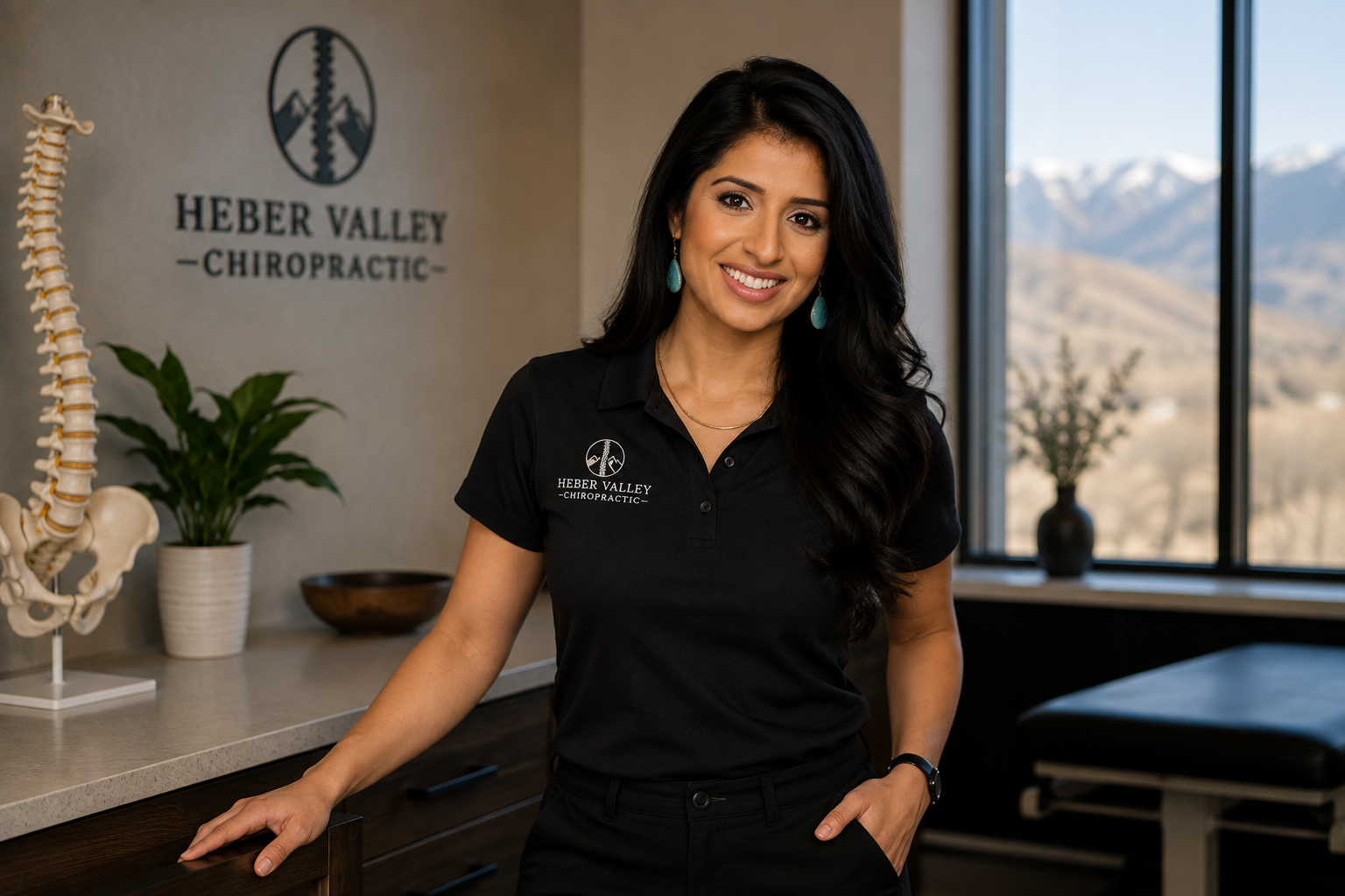 A smiling woman with long dark hair, wearing a black polo shirt with a logo that reads 'Heber Valley Chiropractic,' standing in a medical office with mountains visible through a large window.