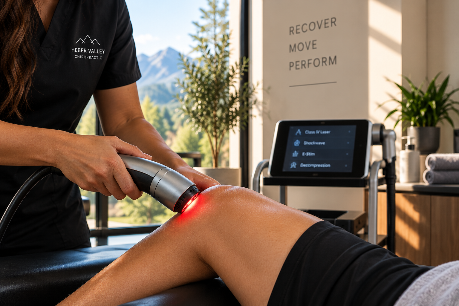 A chiropractor using a laser therapy device on a patient's knee in a modern clinic with mountains visible outside.