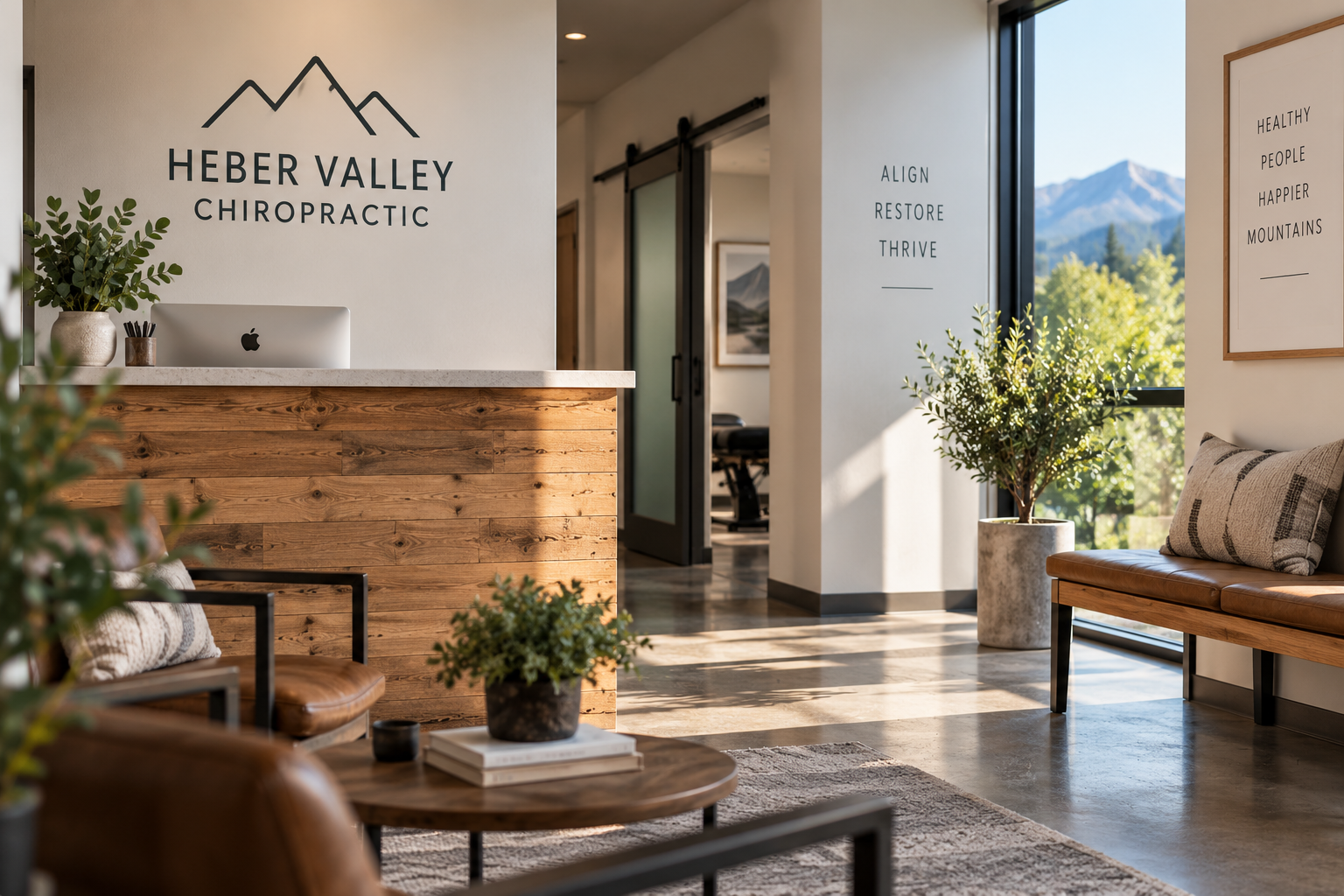 Reception area of Heber Valley Chiropractic with a wooden front desk, a computer, potted plants, and framed artwork, with large windows showing mountain views.