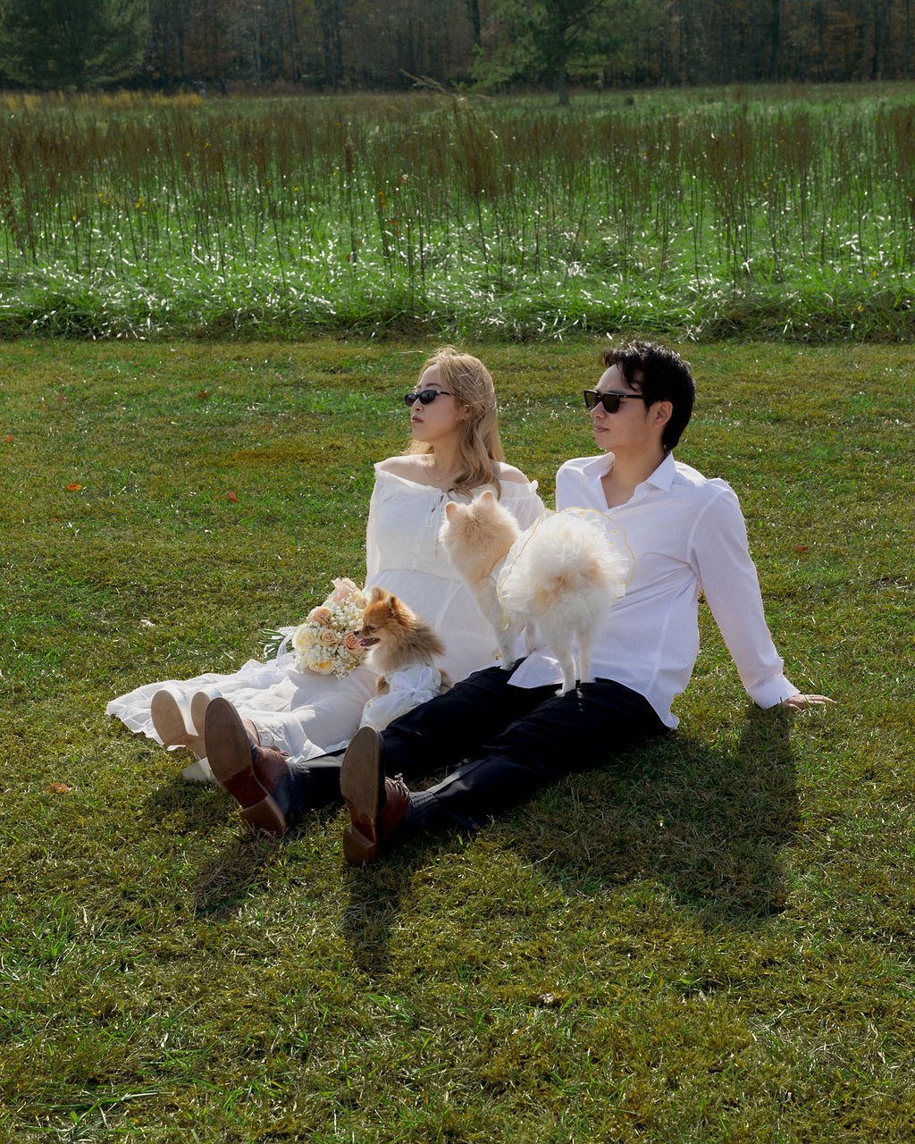 A couple sitting on grass in a scenic field, both wearing white shirts and dark sunglasses, with two fluffy dogs nearby. The woman holds a bouquet of flowers while the man sits with his hand on the ground, and the dogs are positioned on their laps and nearby.
