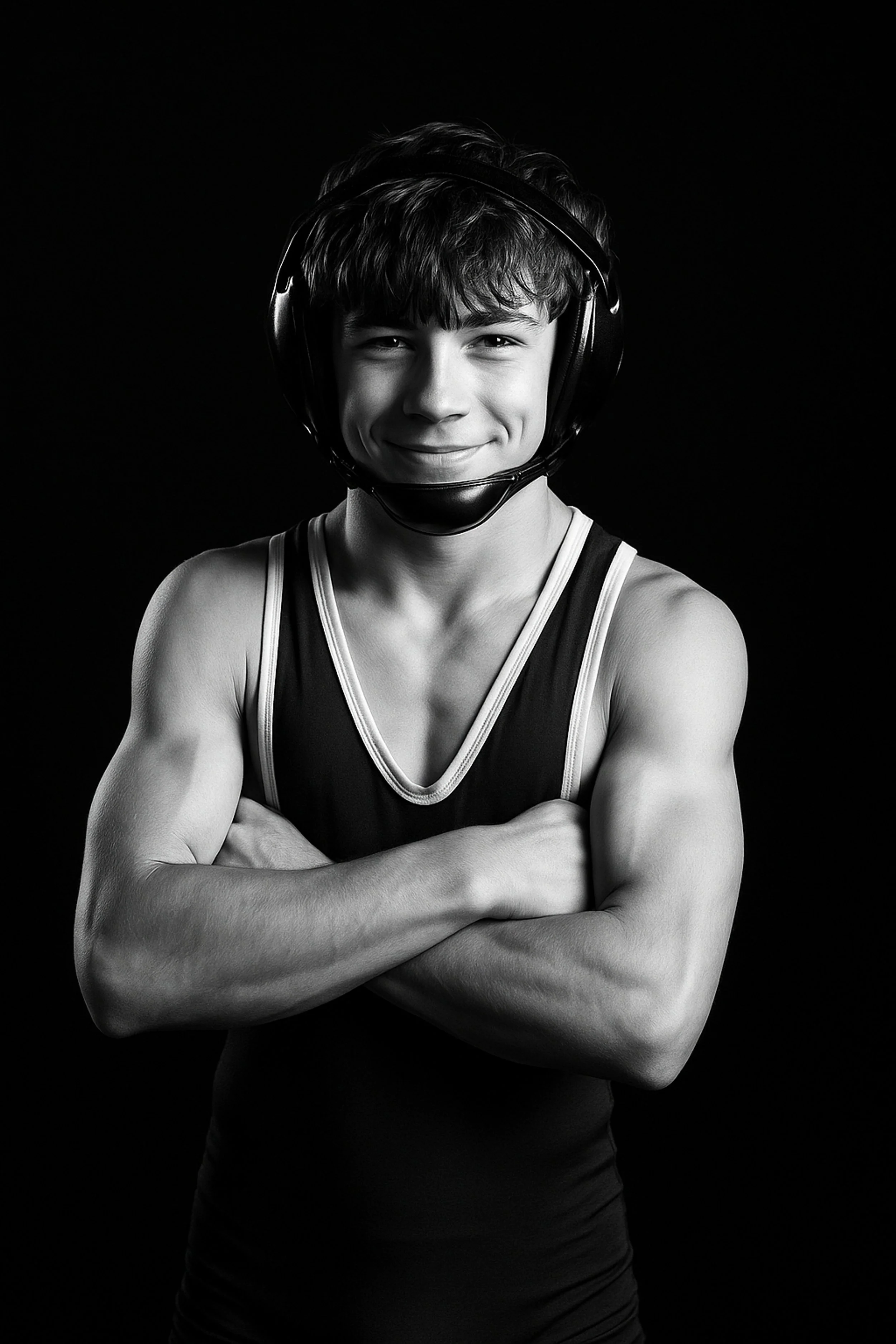 Black and white photo of a young man with muscular arms, wearing a sports tank top and a helmet, crossing his arms and smiling with a confident expression.