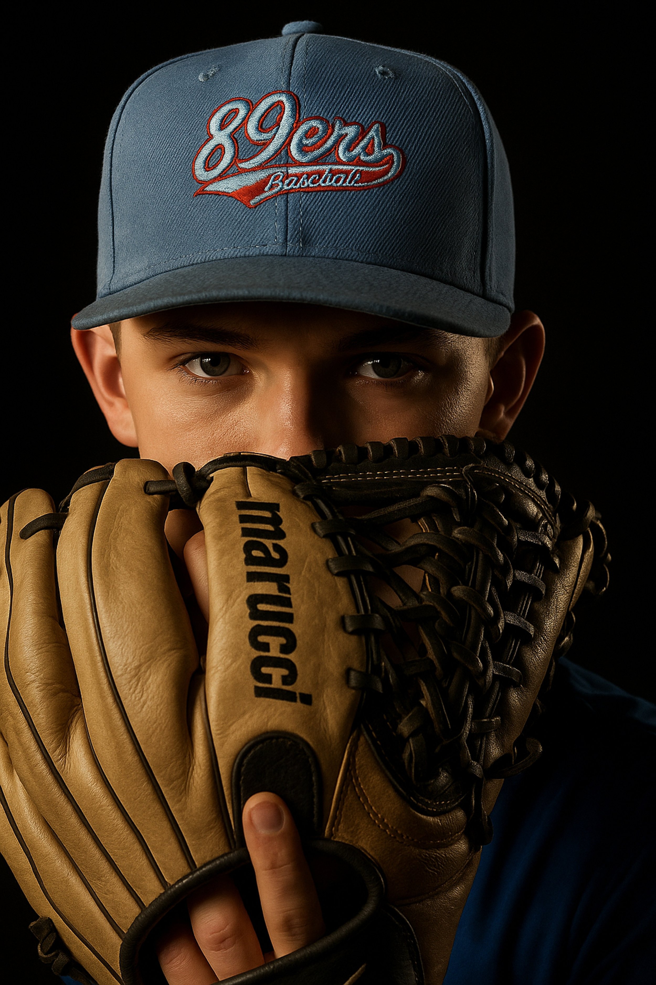 A young boy wearing a blue baseball cap with red and white embroidery that reads '89ers Baseball', holding a tan baseball glove in front of his face, with only his eyes and part of his face visible against a black background.