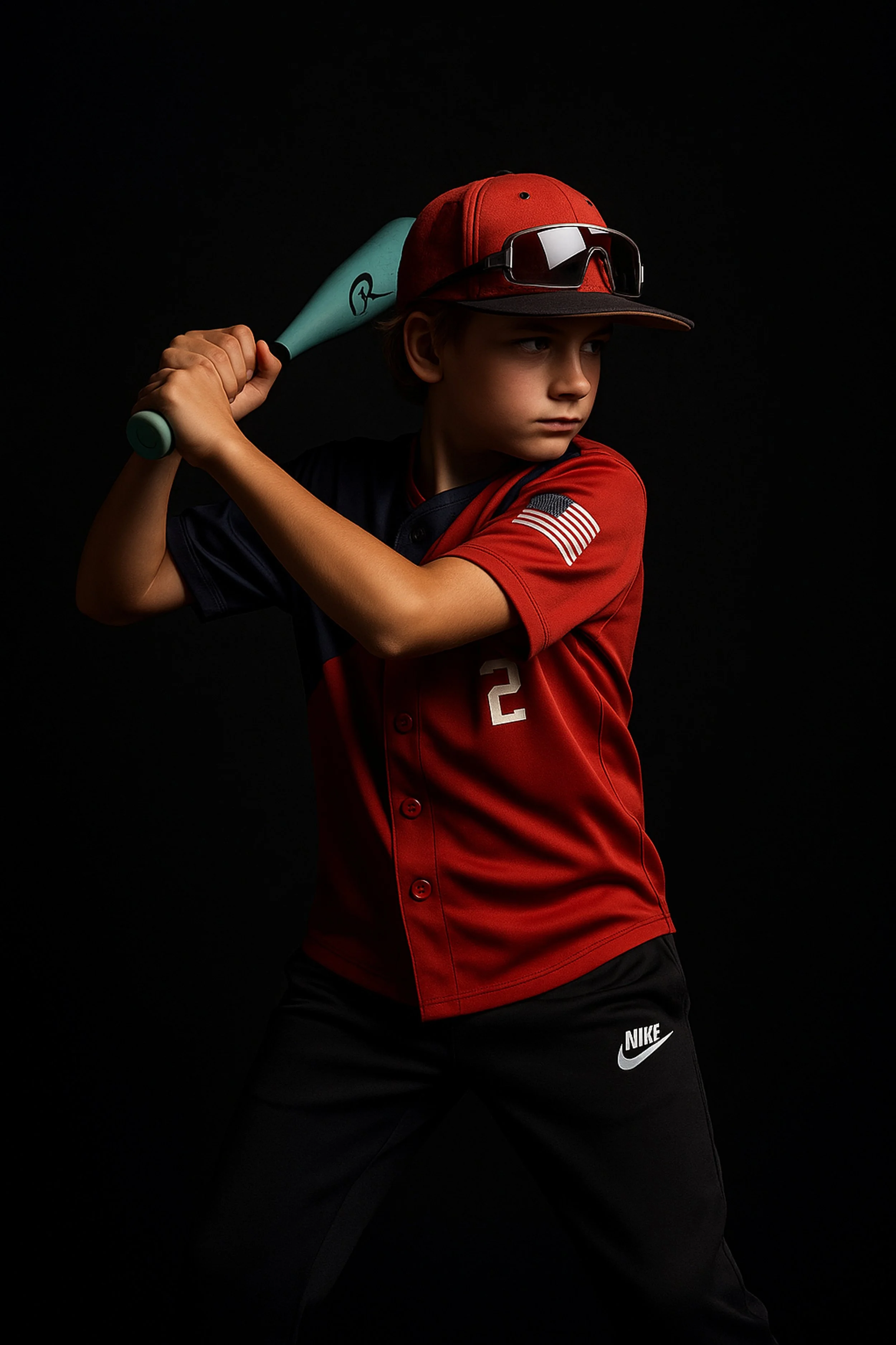 A young boy in athletic gear holding a baseball bat, wearing a red cap, sunglasses on his head, a red sports jersey with an American flag patch, and black Nike pants, against a black background.