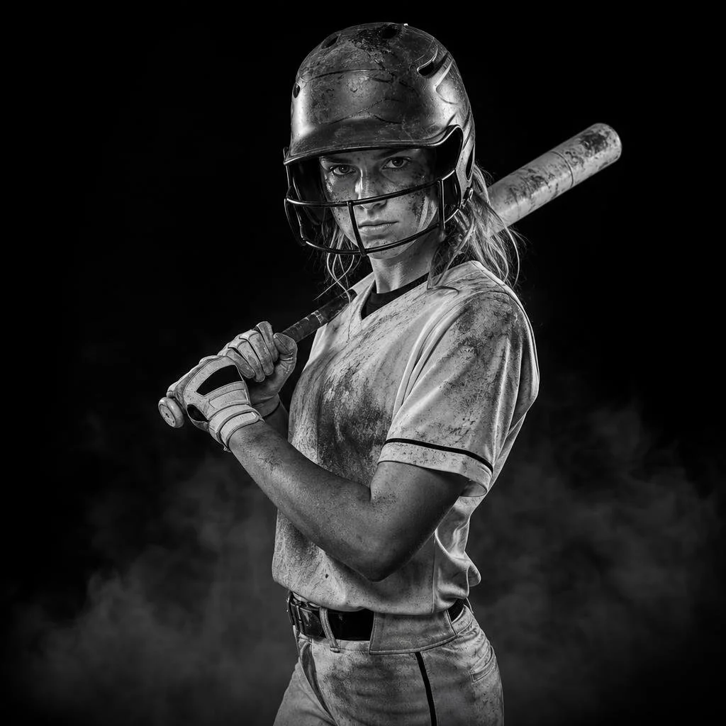 Black and white photo of a female baseball player in a helmet and dirty uniform holding a baseball bat over her shoulder, with a serious expression.