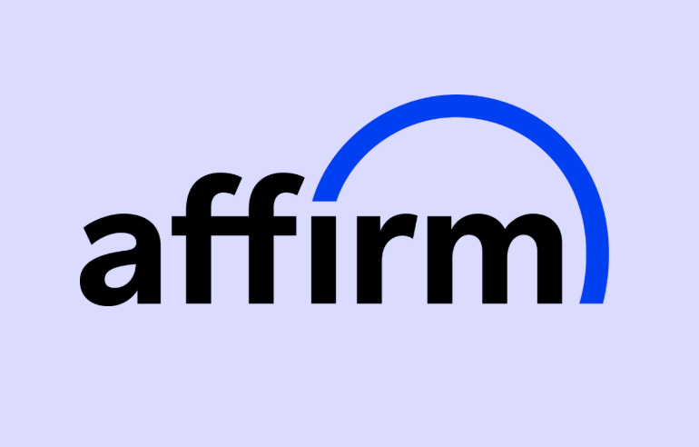 The word 'affirm' in bold black letters with a blue semi-circular arrow above it, set against a light purple background.