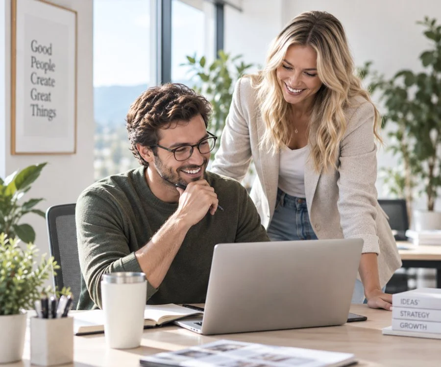 A man and woman looking at a laptop and smiling in an office setting up employee health membership plan