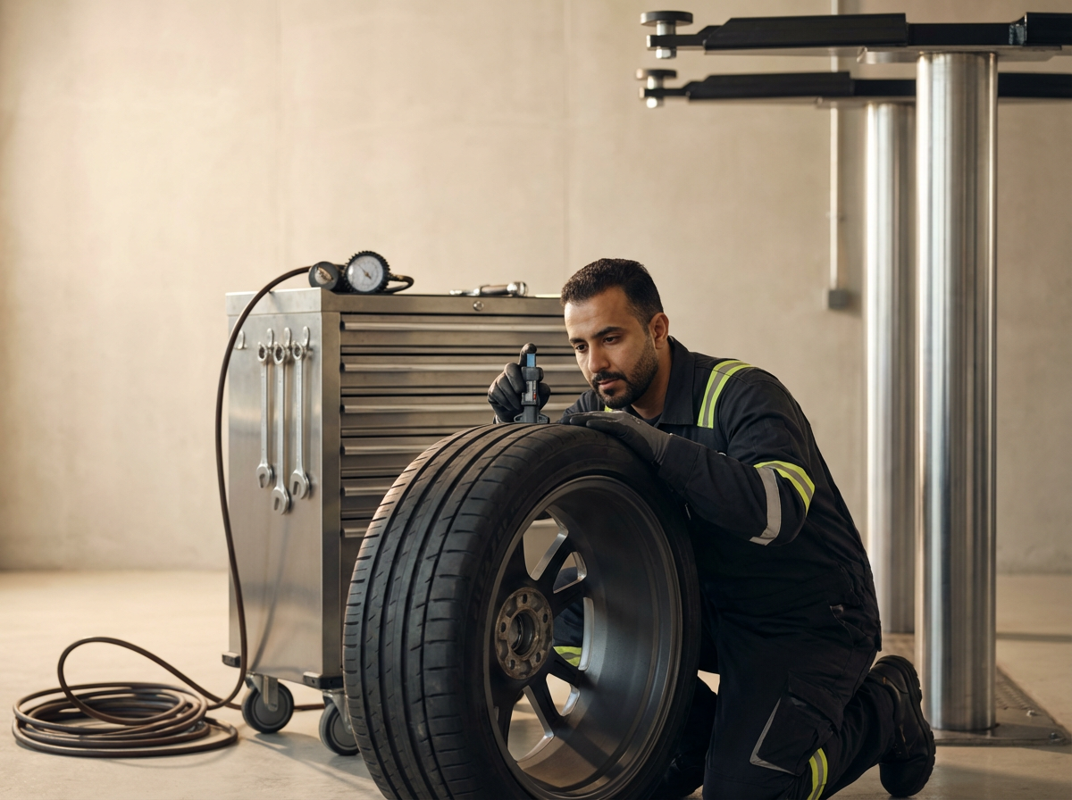 A mechanic inspecting a car tire with a gauge in a garage or workshop.