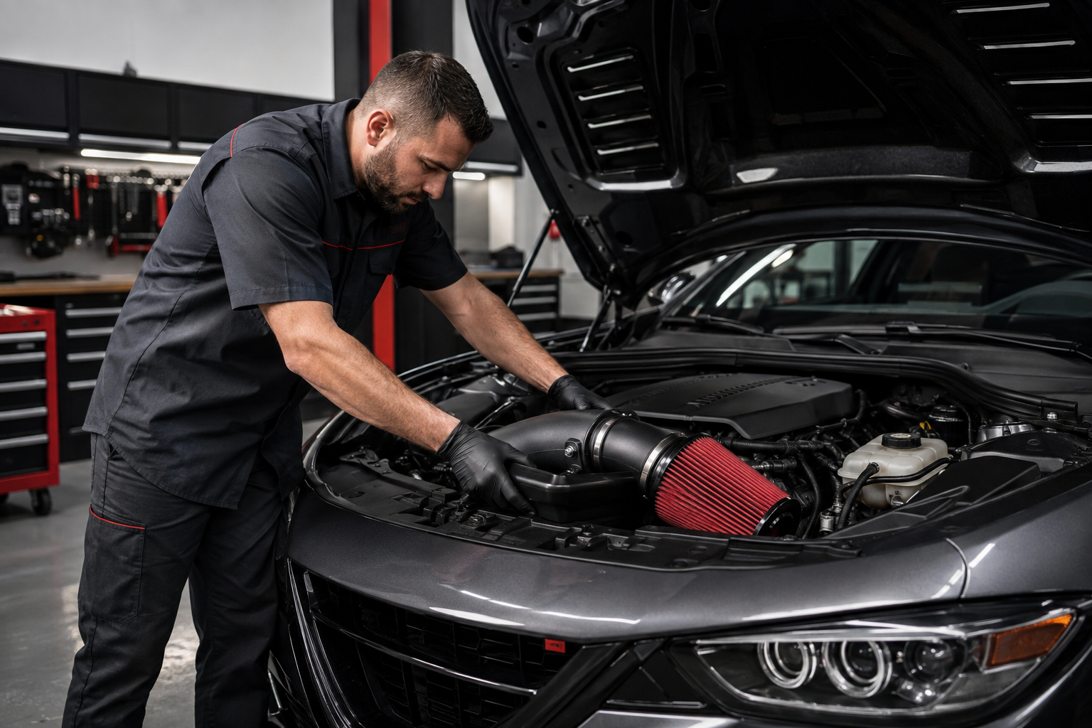 Mechanic working on car engine in a garage
