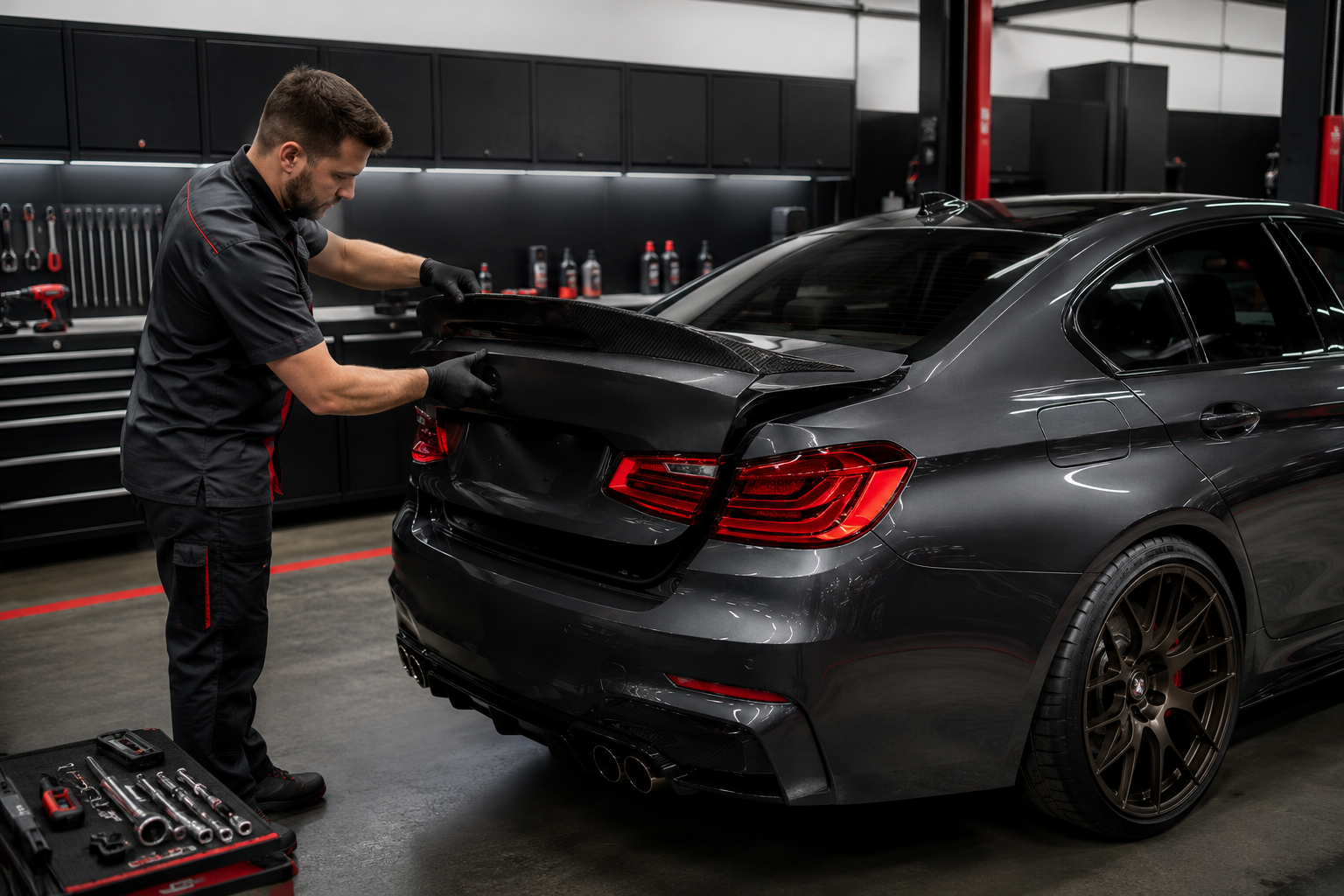 A mechanic working on a black luxury sedan in a well-equipped garage.