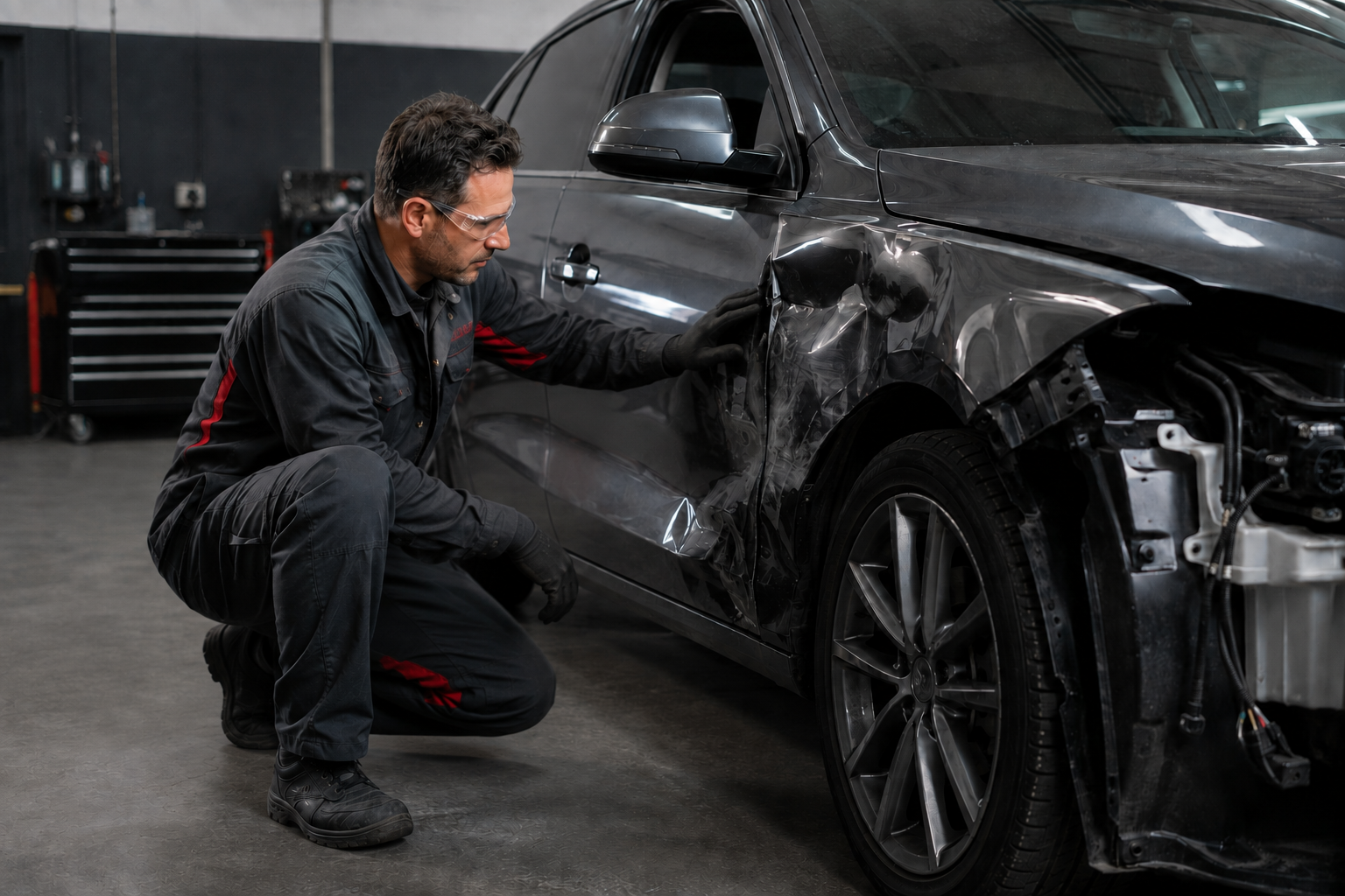 A mechanic inspects damage to the side of a black car in a garage.
