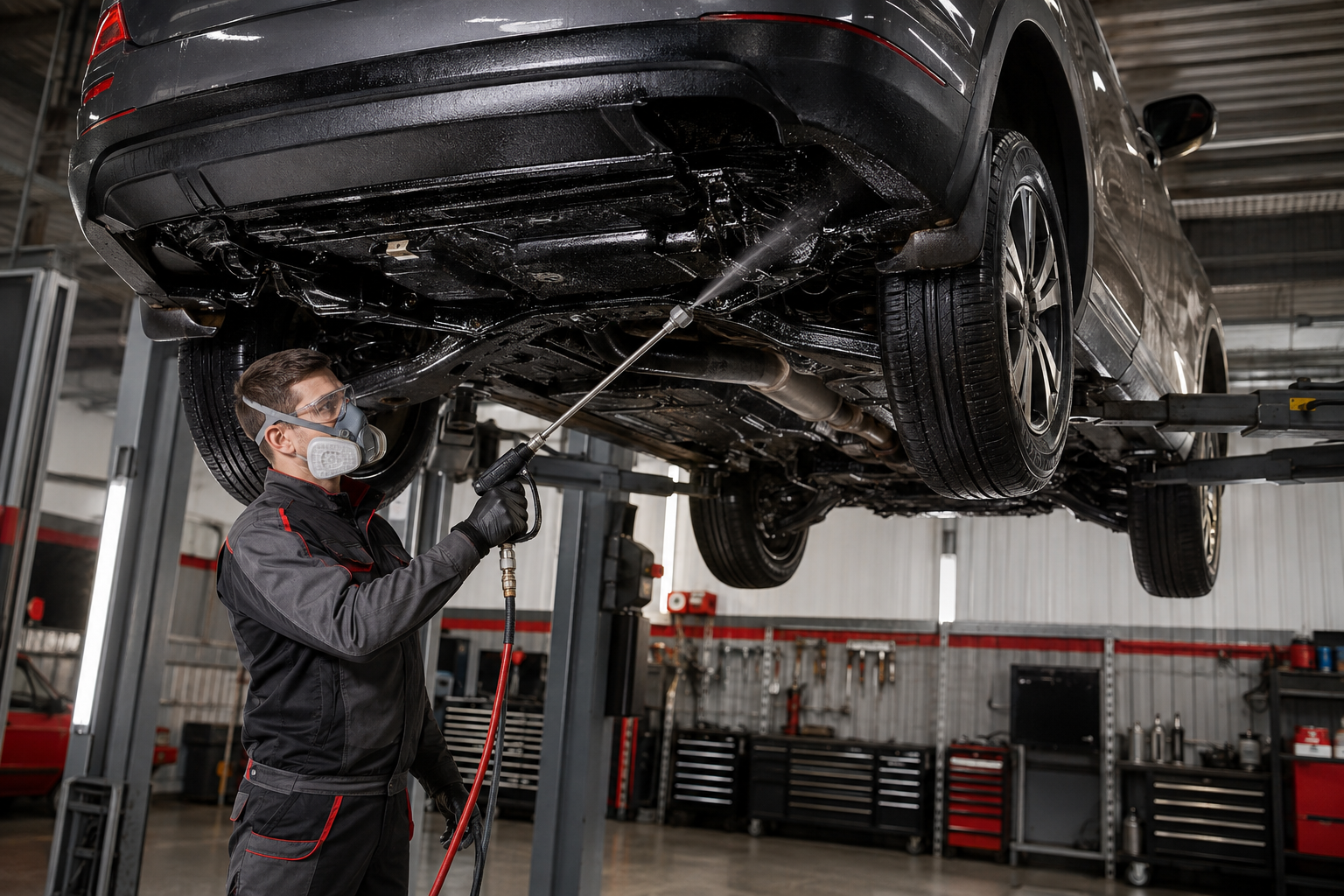 A mechanic wearing a face mask, safety goggles, and a black uniform cleans the undercarriage of a black car lifted in an auto repair shop.