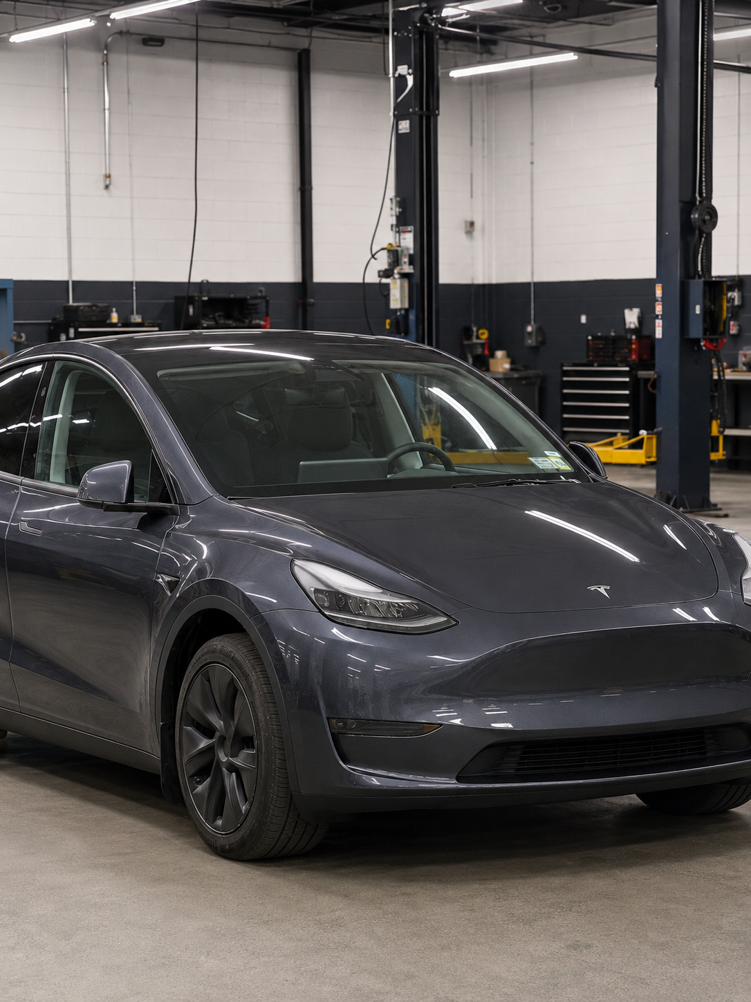 A dark grey Tesla Model 3 parked inside an auto repair or service shop with tools and equipment in the background.
