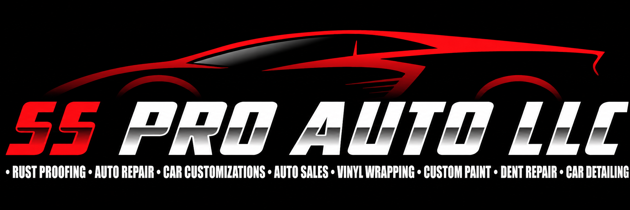 Logo for SS Pro Auto LLC featuring a stylized red car outline with bold red and white text, and a list of auto services.