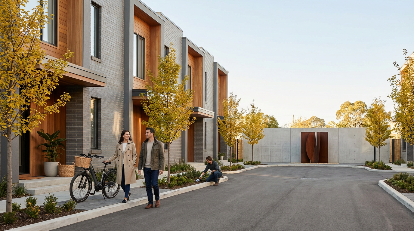 A couple walking and talking with each other on a sidewalk in a modern residential neighborhood, with a woman standing next to a bicycle, and a person planting or tending to plants near the curb.