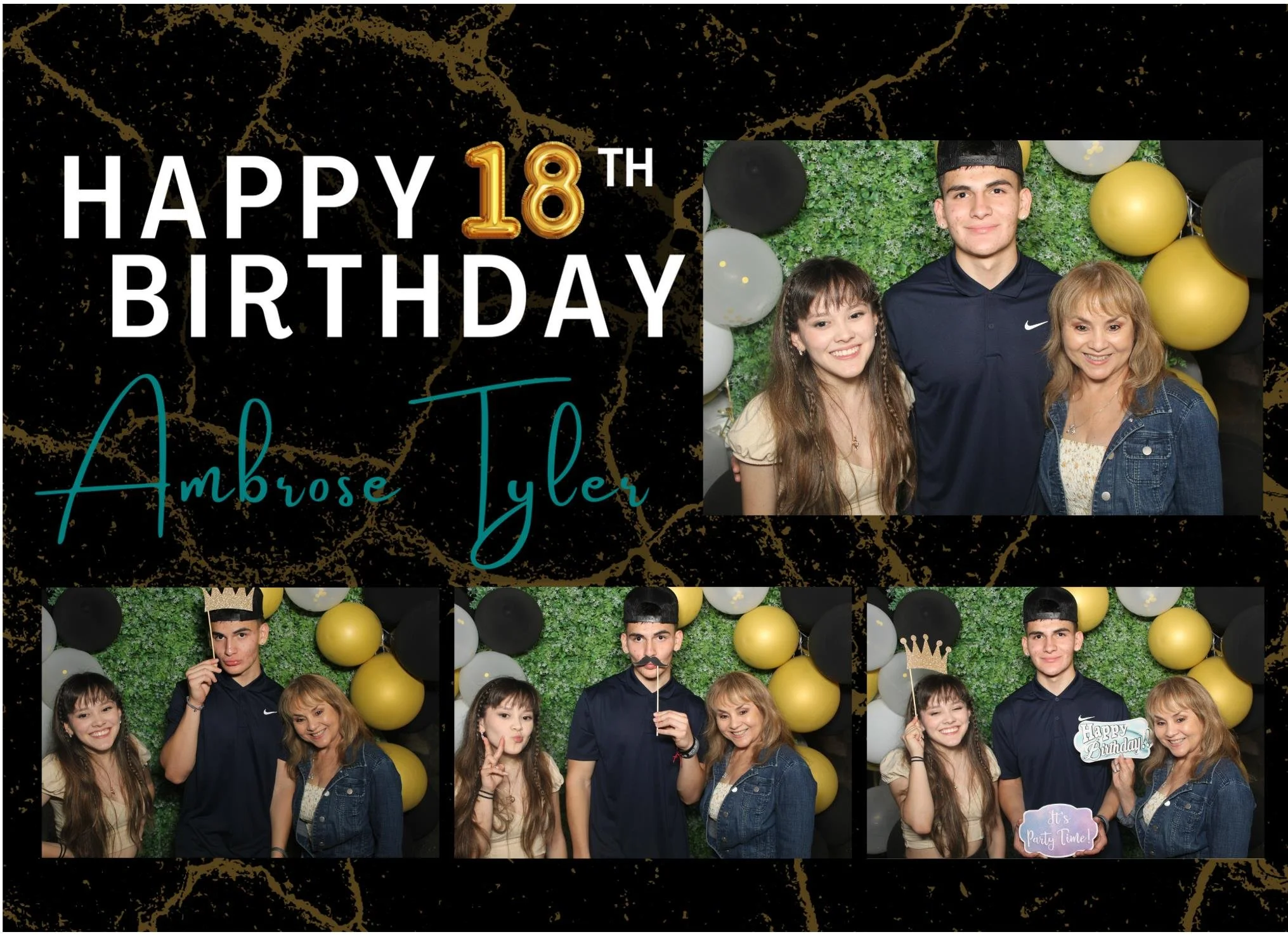 A group of young people and an adult woman celebrating a birthday with black, white, and yellow balloons, some holding signs with birthday messages, in front of a green leafy backdrop.