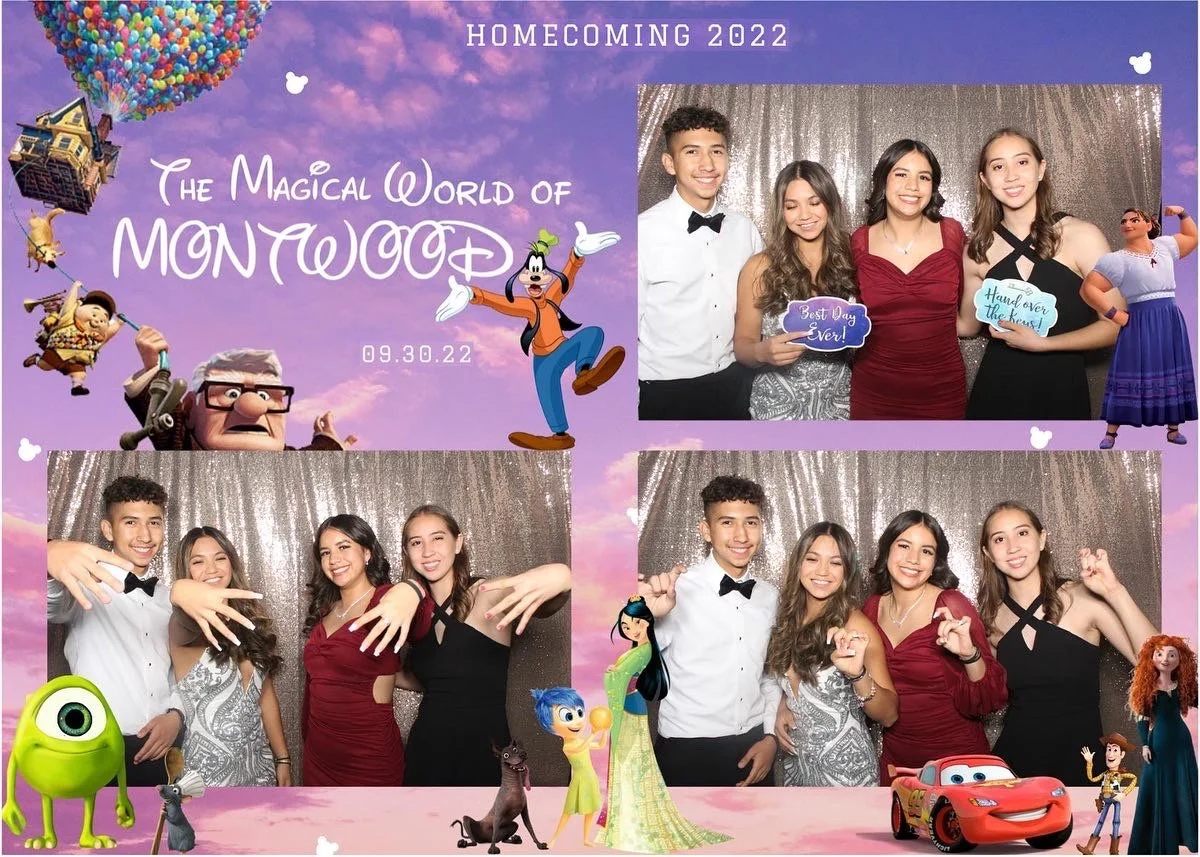 Photo booth collage from a 2022 high school homecoming event titled "The Magical World of Monterey". The collage features three separate group photos of four students each, in front of a sparkly silver backdrop, with decorative characters from animated movies around the borders. The top left corner says "Homecoming 2022" with a cluster of balloons and a house dangling from a balloon. There are characters from Disney movies, including Maui from Moana, Goofy, an alien from Monsters Inc., and Merida from Brave. The event date, 09.30.22, is also displayed.