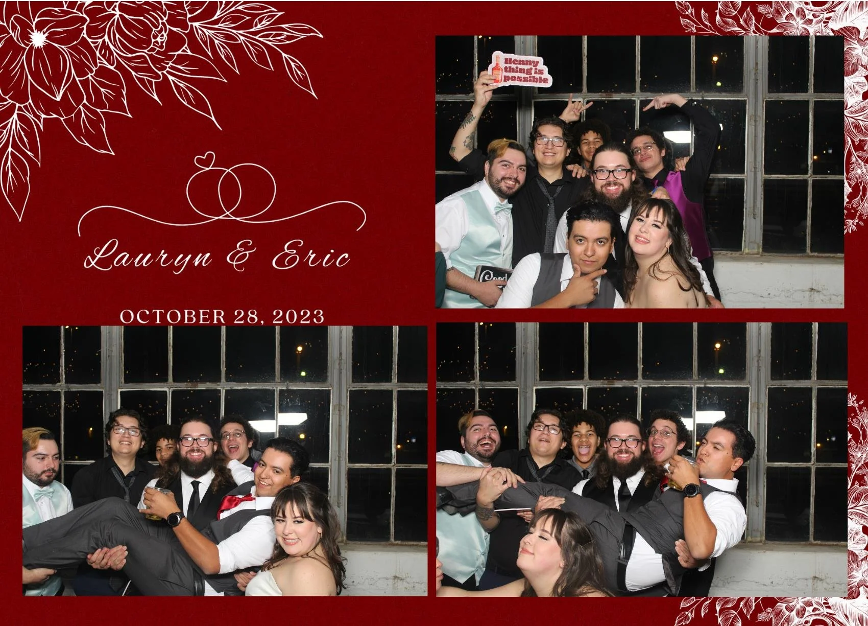 A collage of photos from a wedding reception of Lauryn and Eric on October 28, 2023. The images feature a group of smiling guests posing playfully in front of a large window, with some holding a sign that says "Henny thing is possible." The left side of the collage has a red background with floral outlines and the couple's names and wedding date.